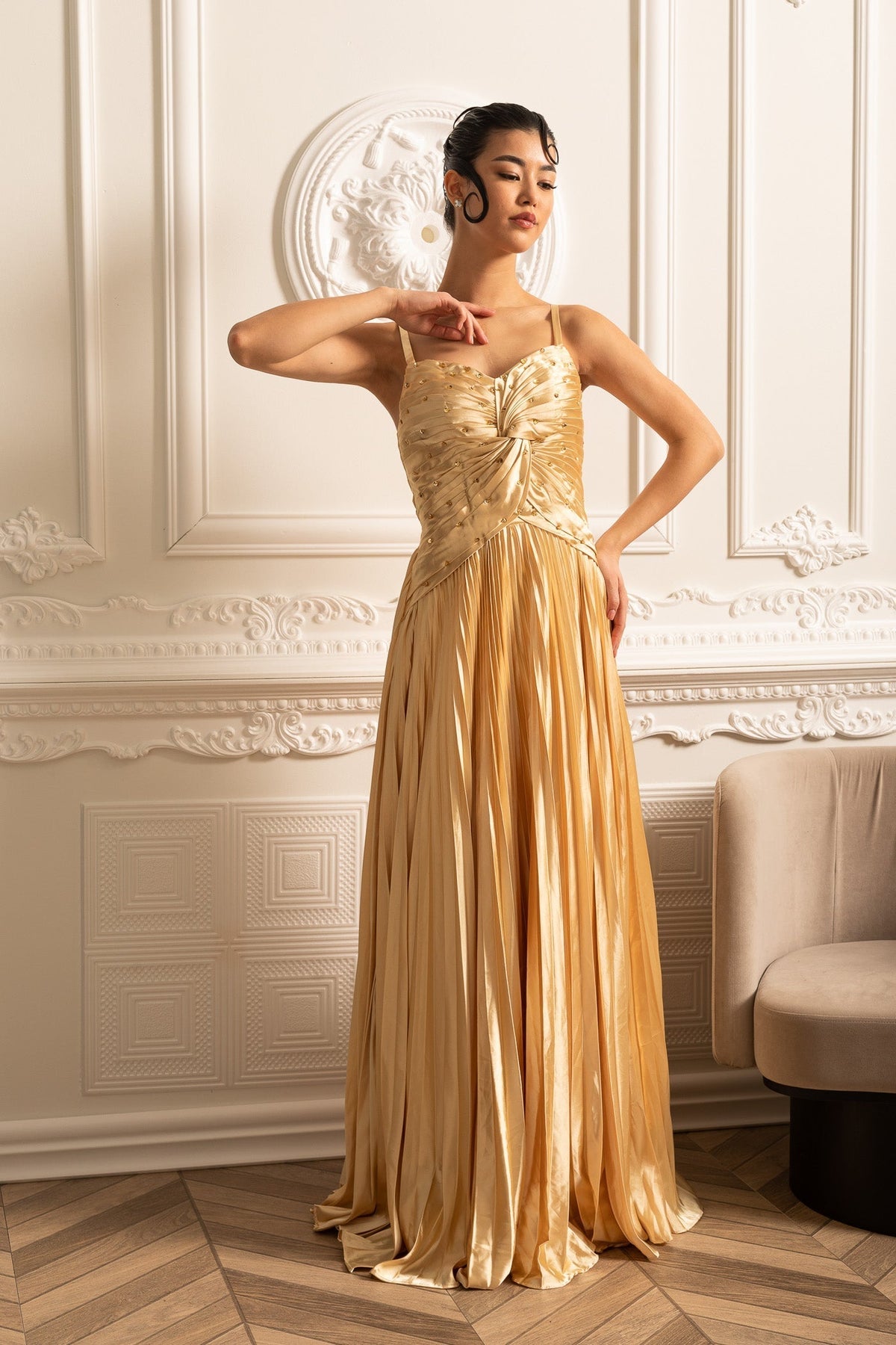 Spaghetti Strap Sweetheart Rhinestone Draped Bodice Maxi Gown - View 7