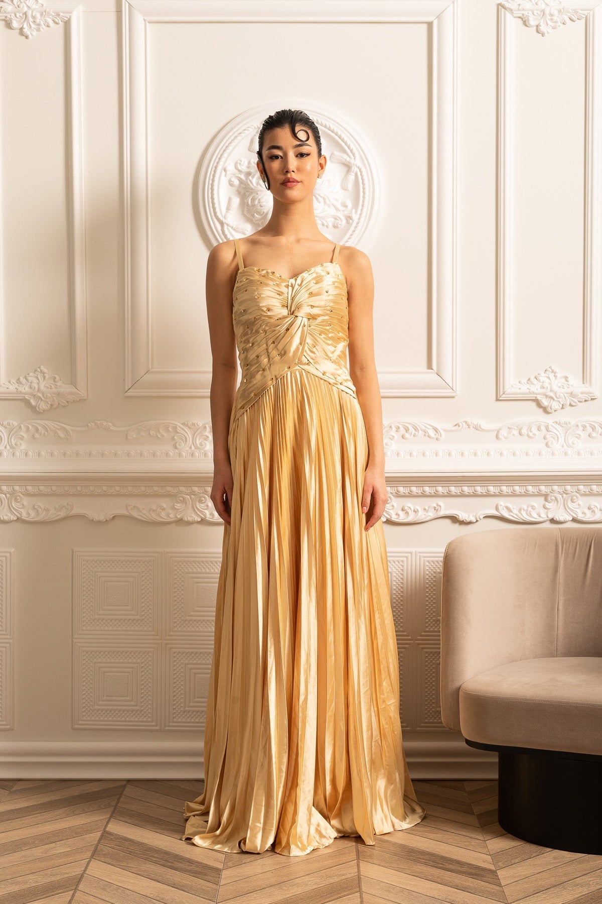 Spaghetti Strap Sweetheart Rhinestone Draped Bodice Maxi Gown - View 6