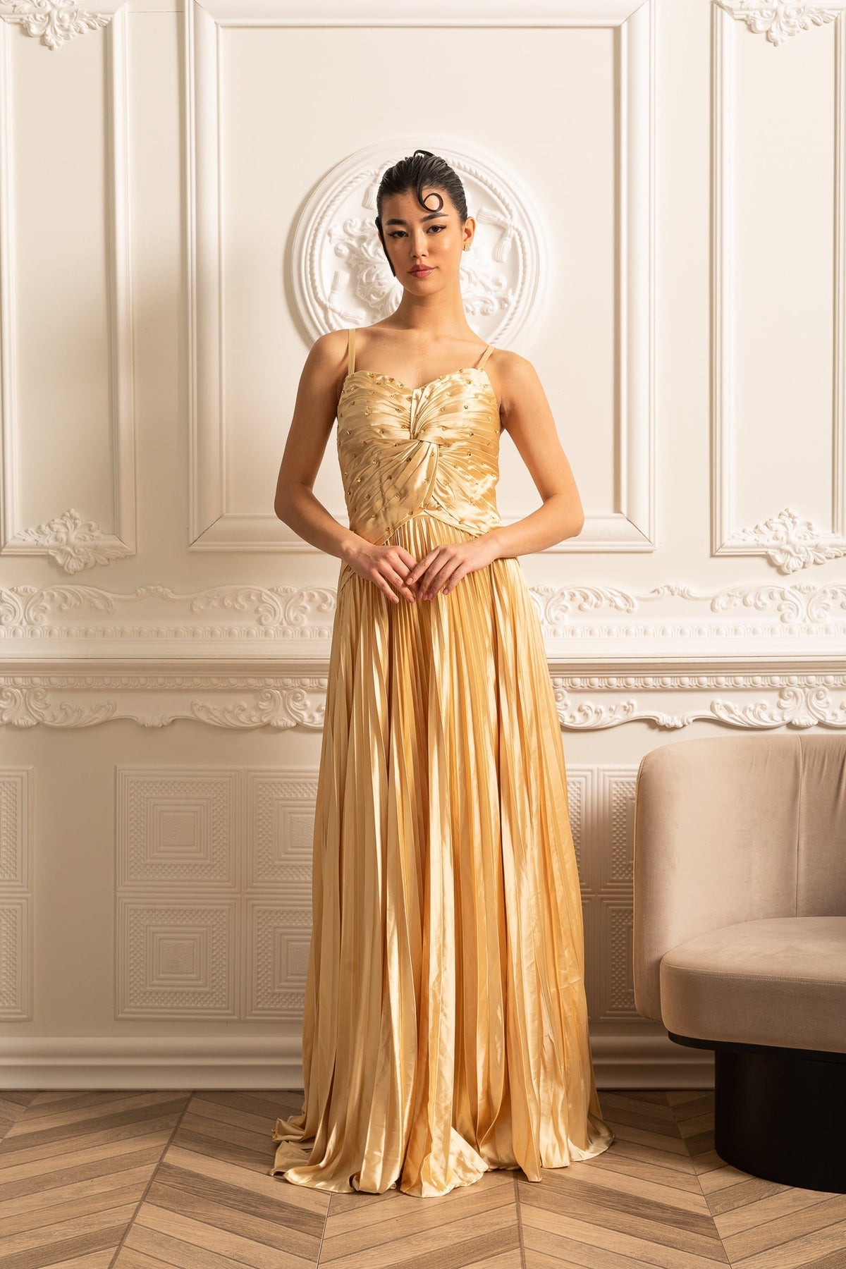 Spaghetti Strap Sweetheart Rhinestone Draped Bodice Maxi Gown - View 12