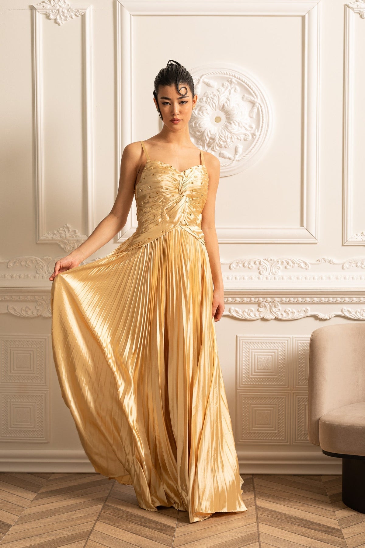 Spaghetti Strap Sweetheart Rhinestone Draped Bodice Maxi Gown - View 4