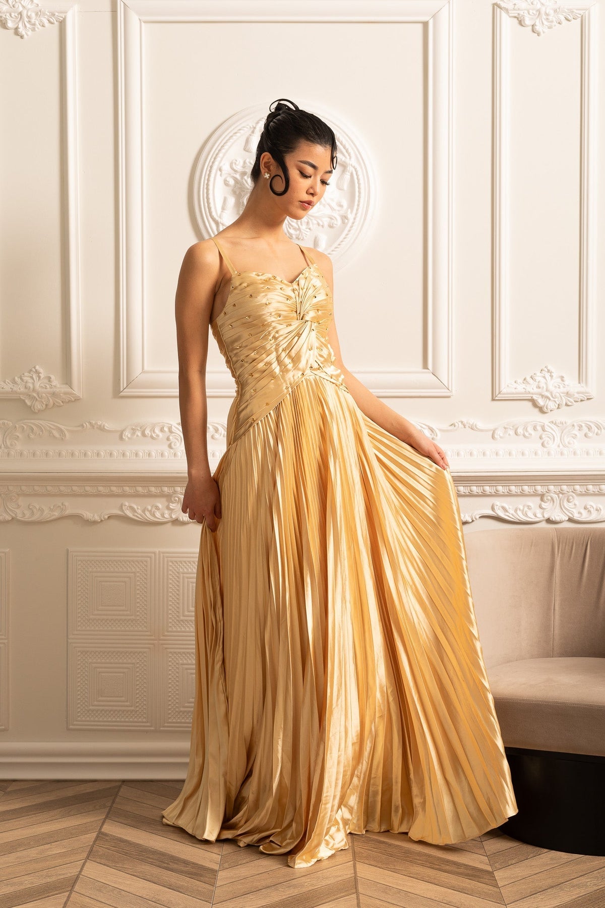Spaghetti Strap Sweetheart Rhinestone Draped Bodice Maxi Gown - View 13