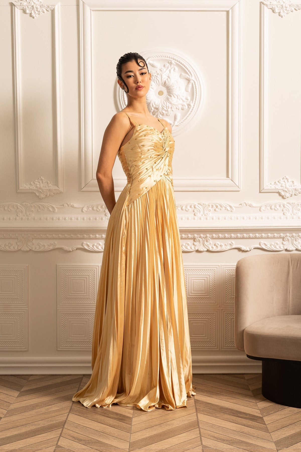 Spaghetti Strap Sweetheart Rhinestone Draped Bodice Maxi Gown - View 2