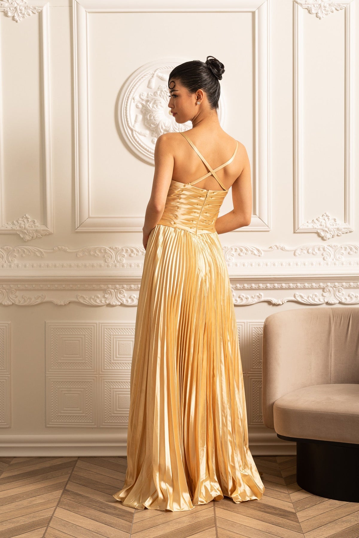 Spaghetti Strap Sweetheart Rhinestone Draped Bodice Maxi Gown - View 17