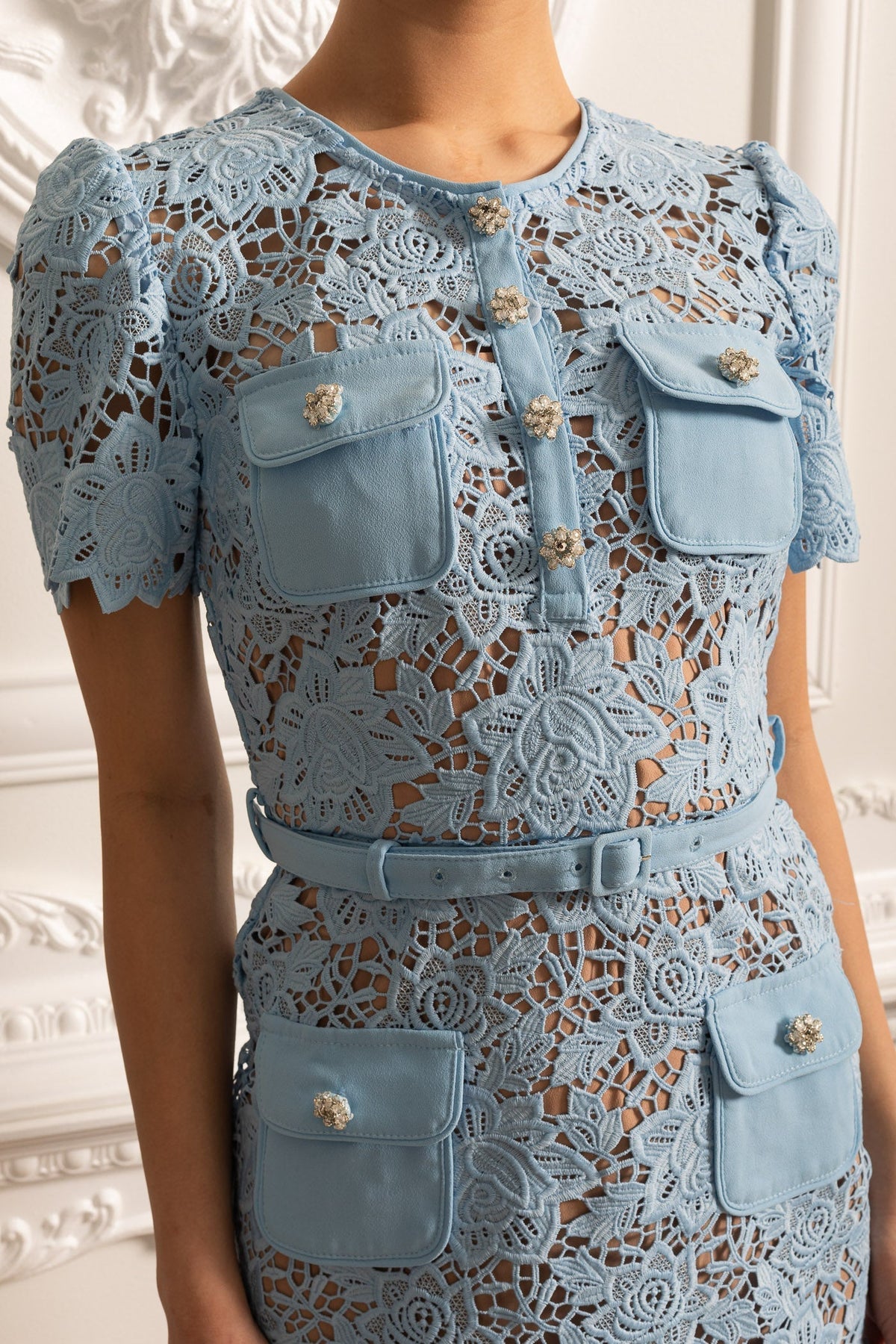 Floral Lace Short Sleeve Belted Pocket Button Front Mini Dress - View 6