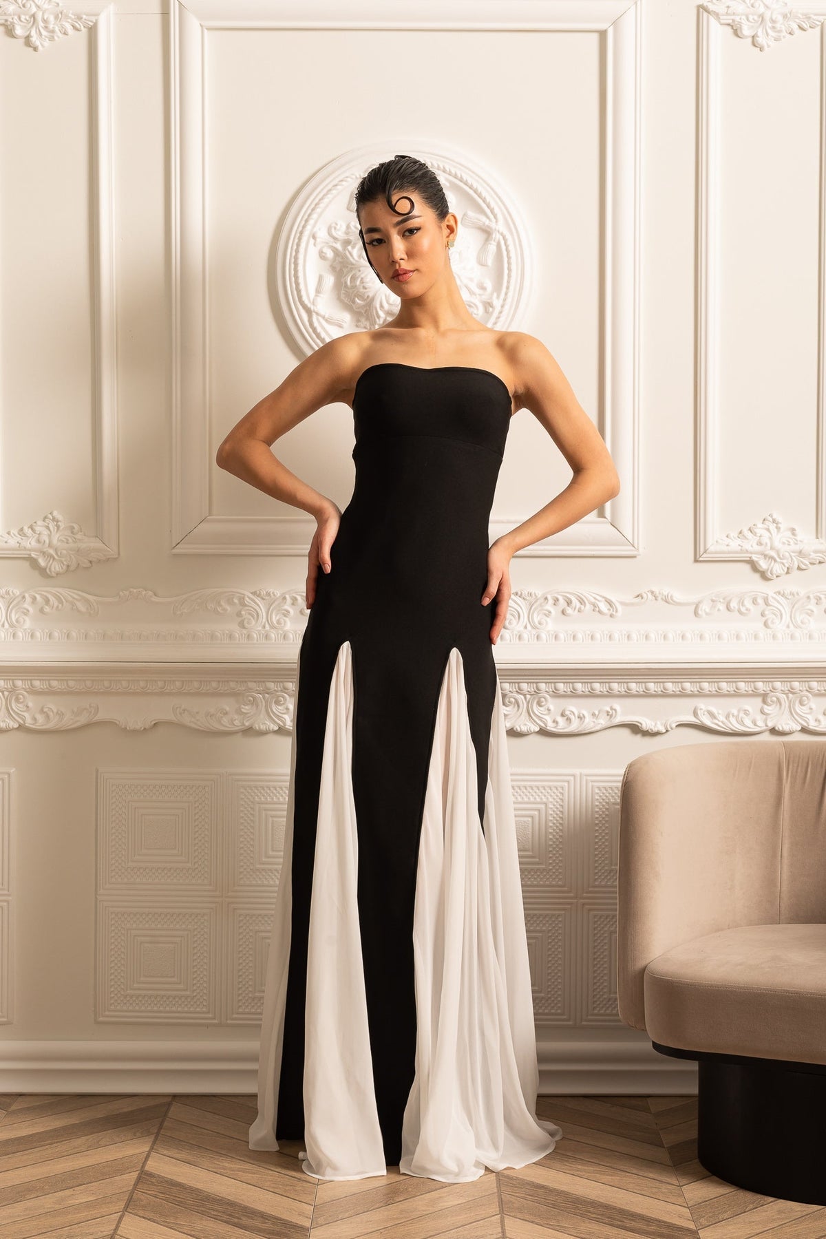 Strapless Chiffon Godet Panel Insert Column Maxi Gown - View 8
