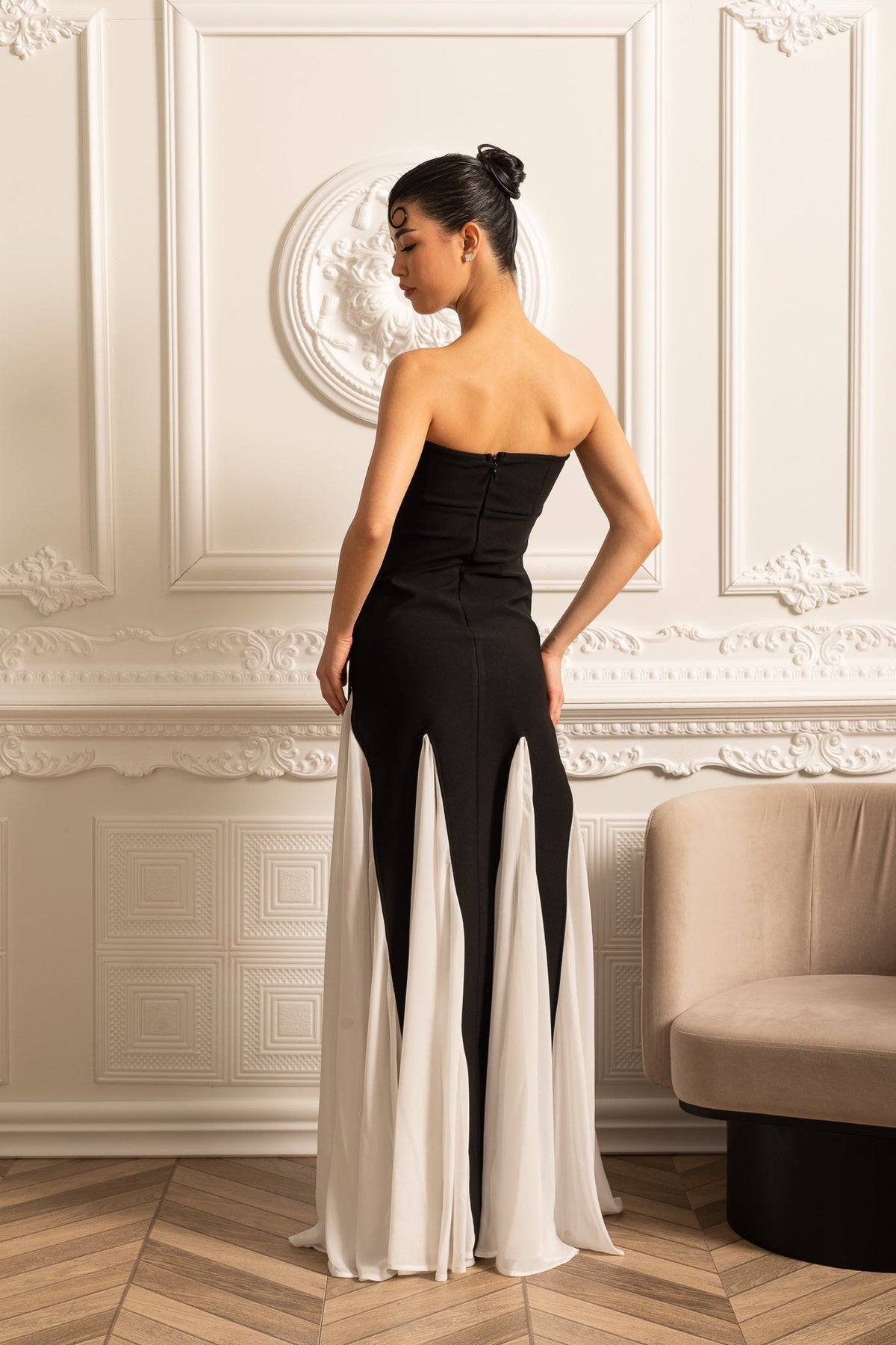 Strapless Chiffon Godet Panel Insert Column Maxi Gown - View 12