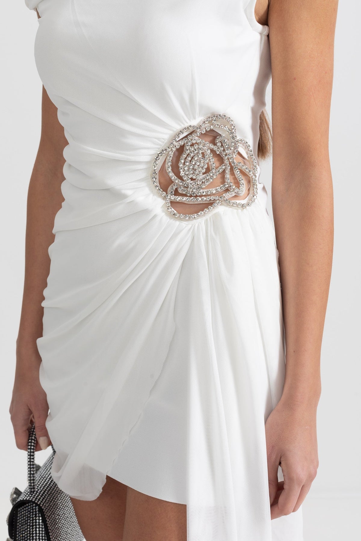 One Shoulder Ruched Draped Rhinestone Floral Brooch Side Panel Mini Dress - View 8