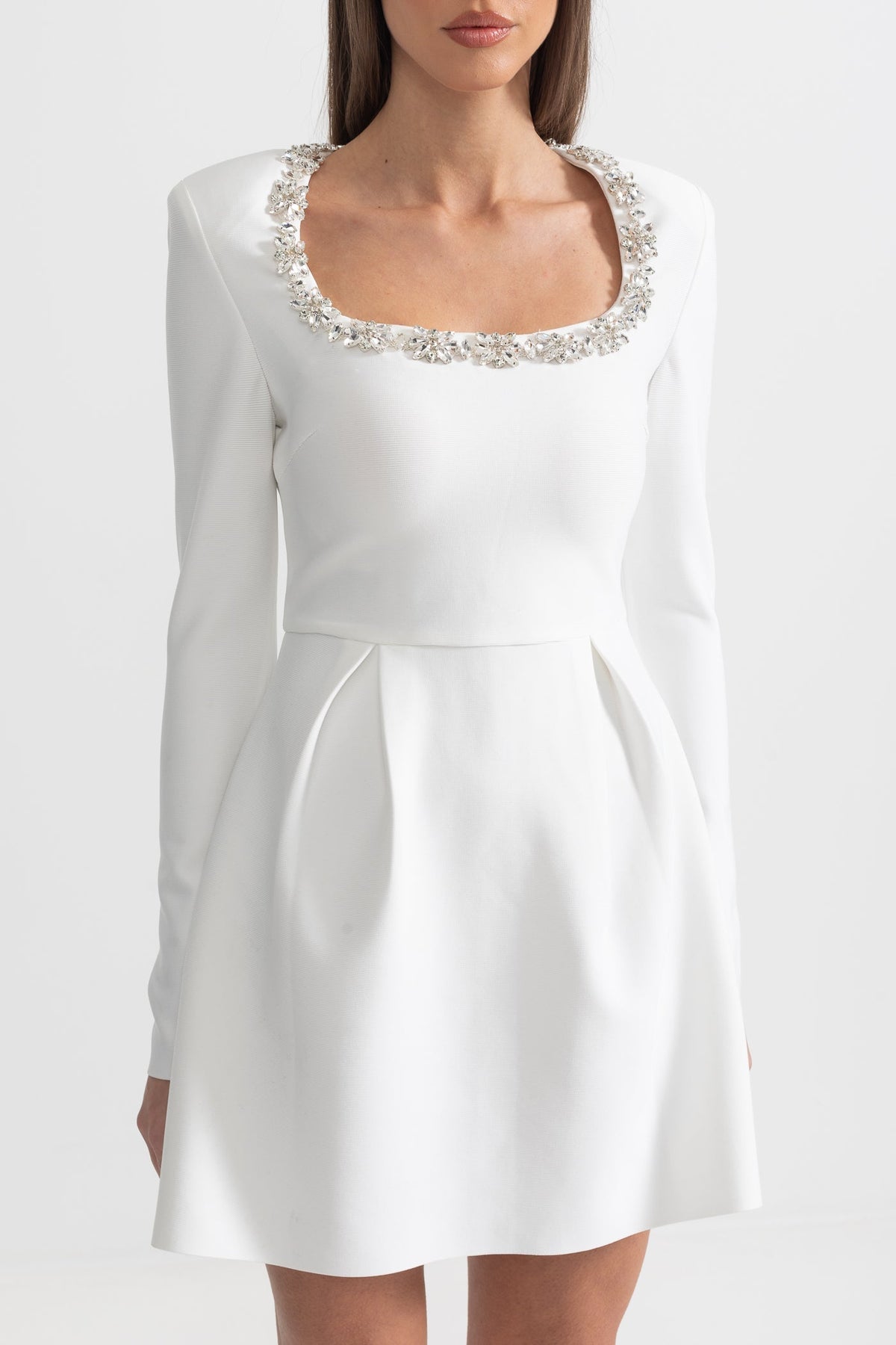 Square Neck Rhinestone Trim Long Sleeve Pleated A-Line Mini Dress - View 8