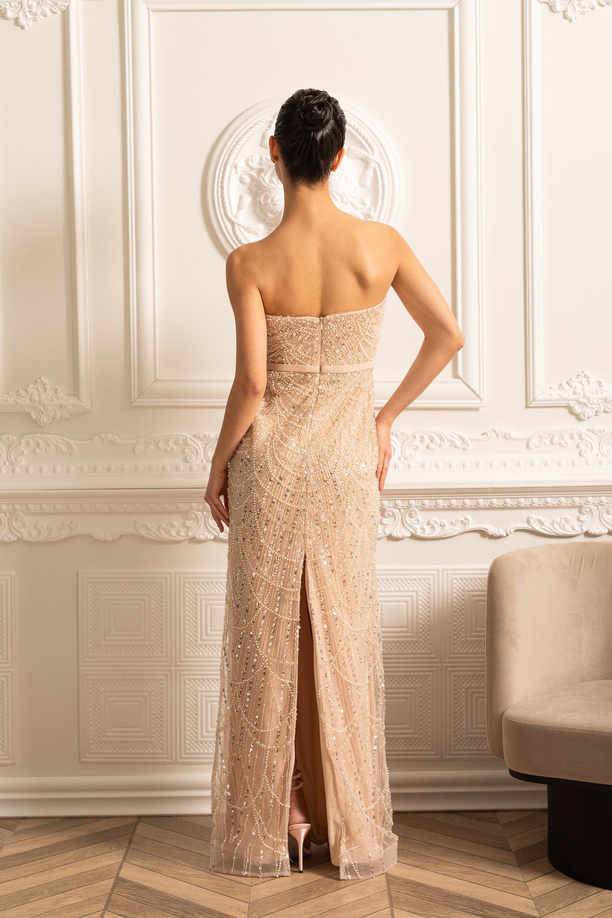 Scalloped Pearl Trim Beaded Mesh Cape Overlay Column Maxi Gown - View 20