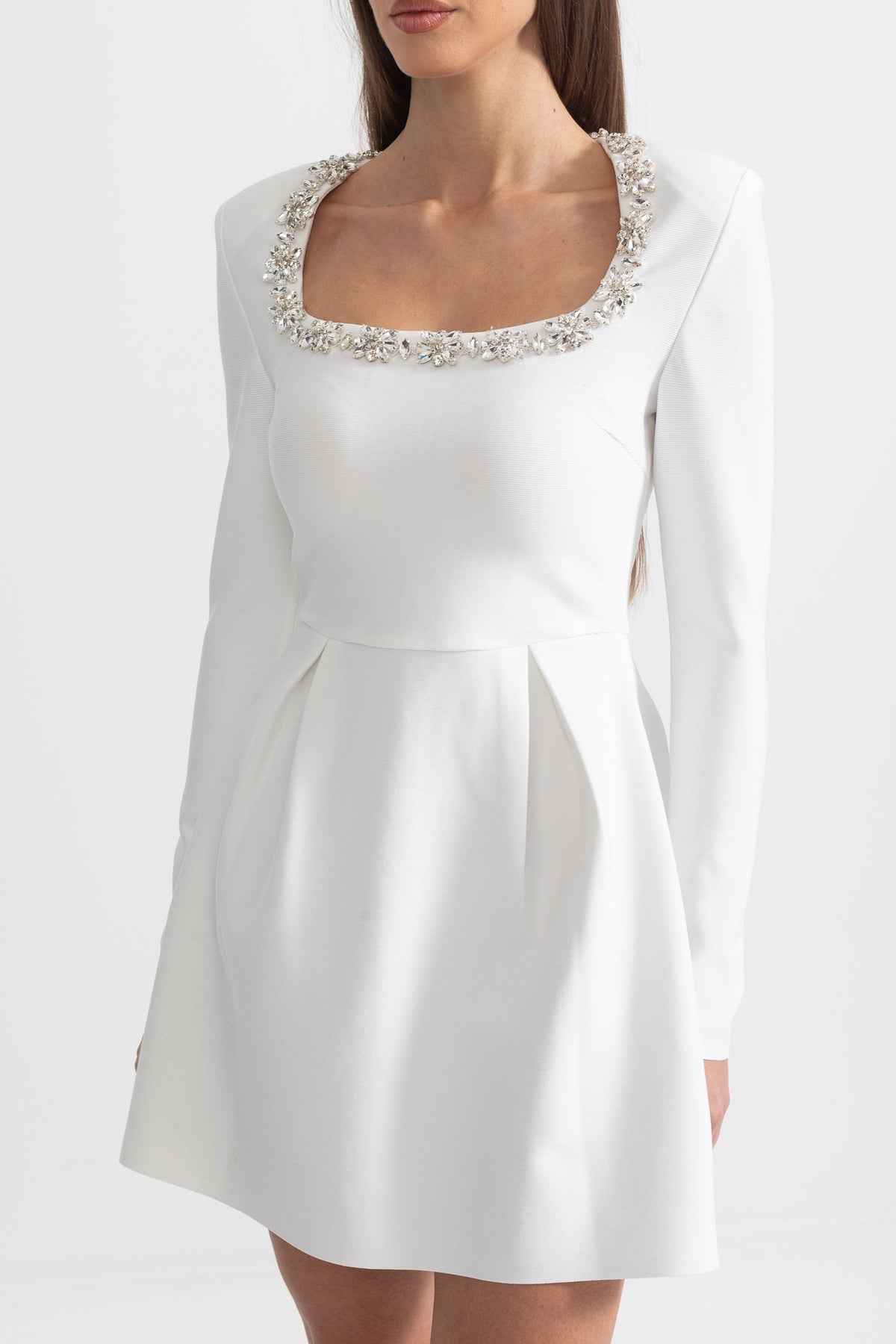 Square Neck Rhinestone Trim Long Sleeve Pleated A-Line Mini Dress - View 2