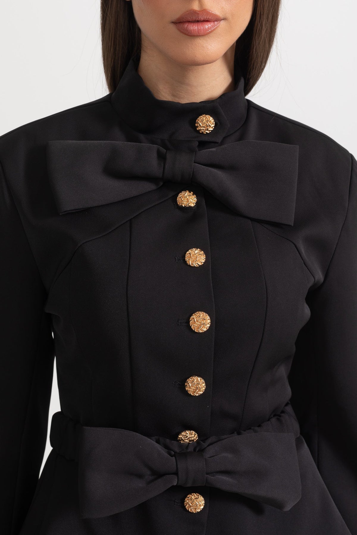 Stand Collar Metallic Button Dual Bow Peplum Pleated Mini Dress - View 7
