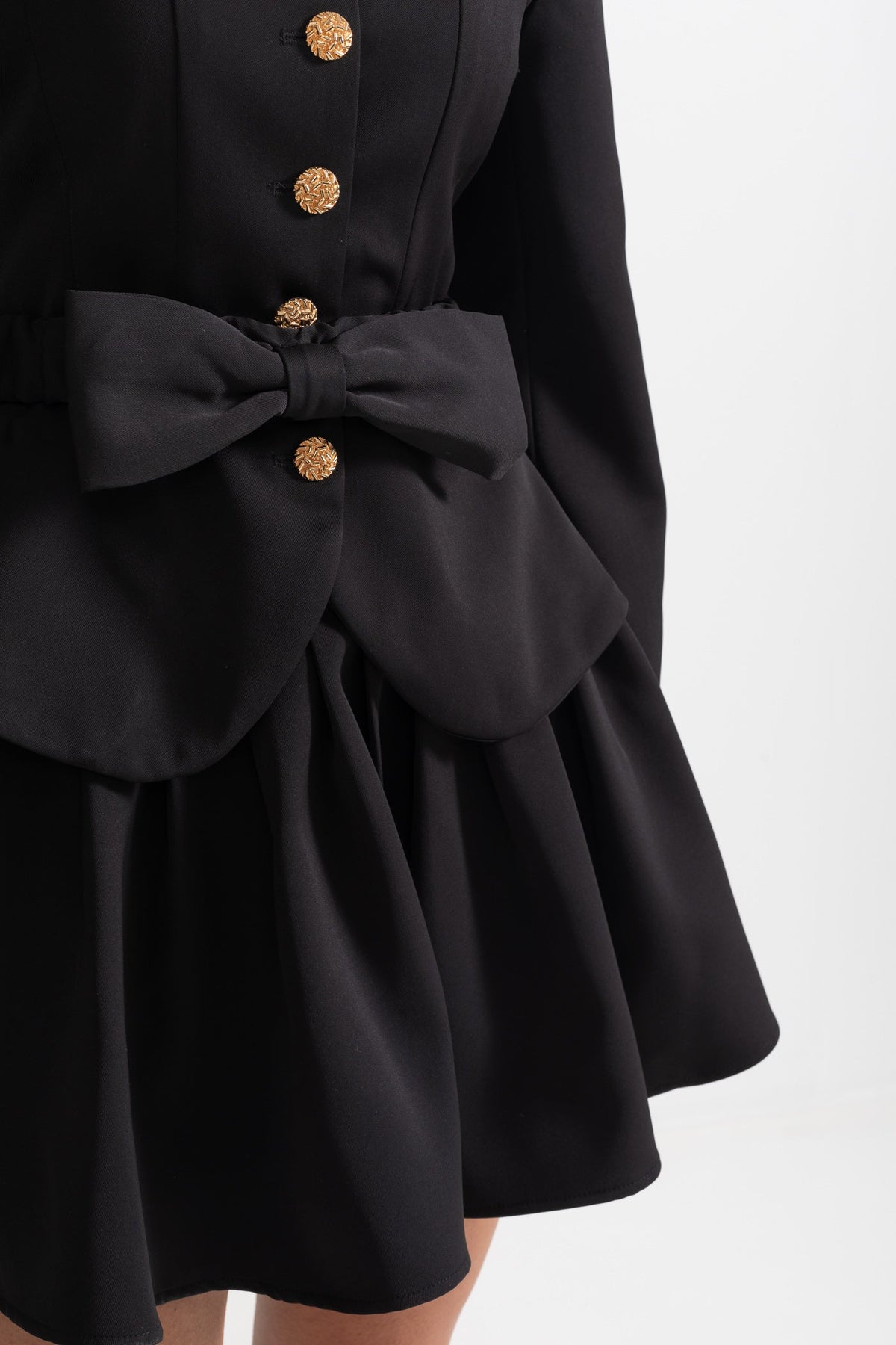 Stand Collar Metallic Button Dual Bow Peplum Pleated Mini Dress - View 8