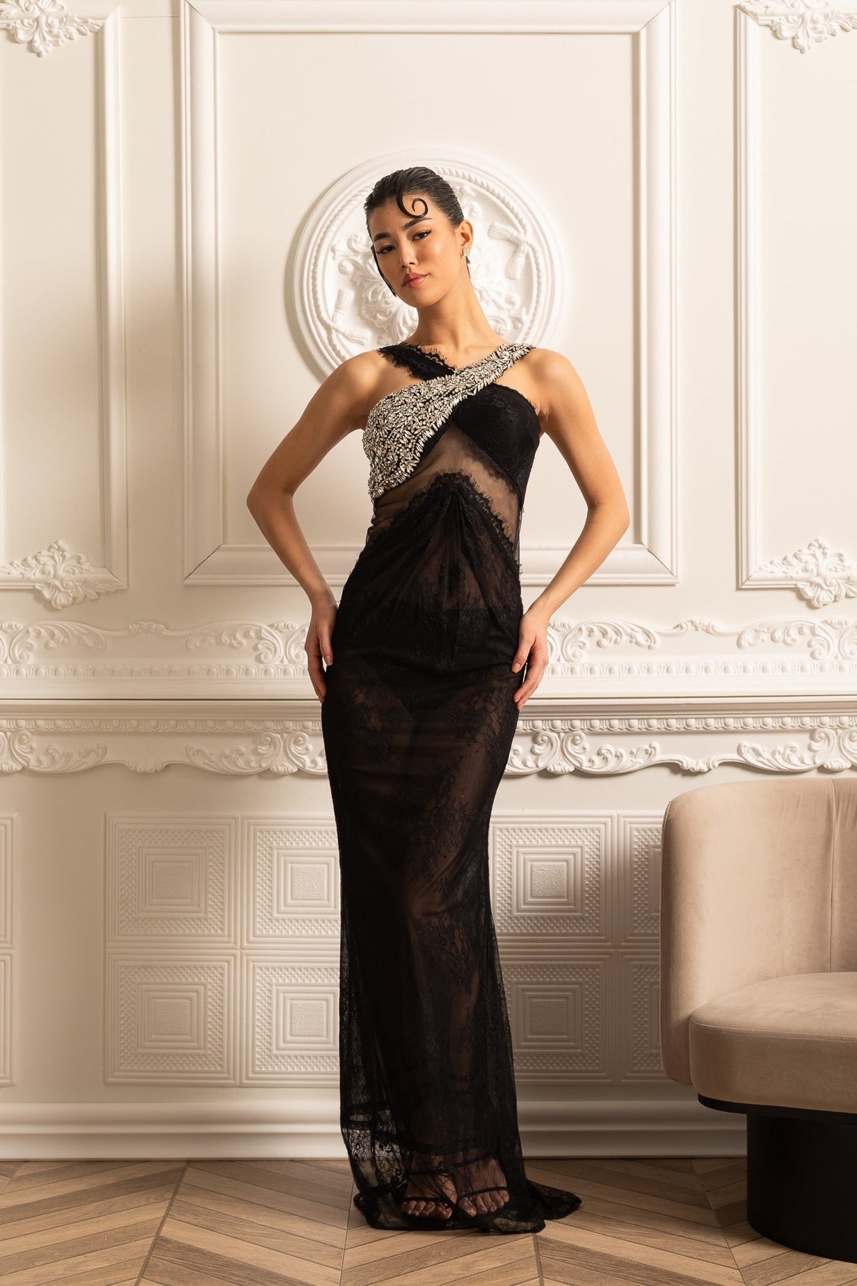 Lace One Shoulder Rhinestone Embellished Sheer Overlay Maxi Gown - View 5