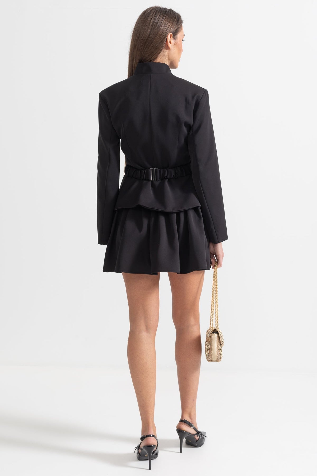 Stand Collar Metallic Button Dual Bow Peplum Pleated Mini Dress - View 10