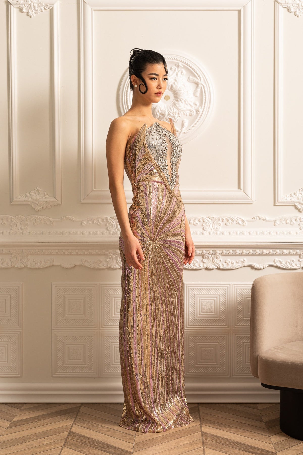Sequin Halter Neck Keyhole Cut Out Radial Pattern Maxi Gown - View 12