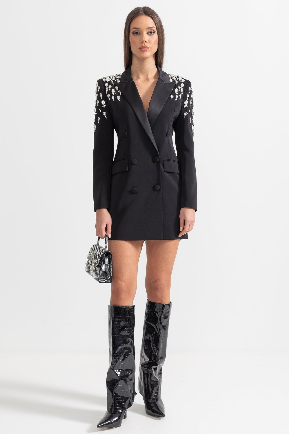 Satin Peak Lapel Rhinestone Shoulder Double Breasted Mini Dress - View 3