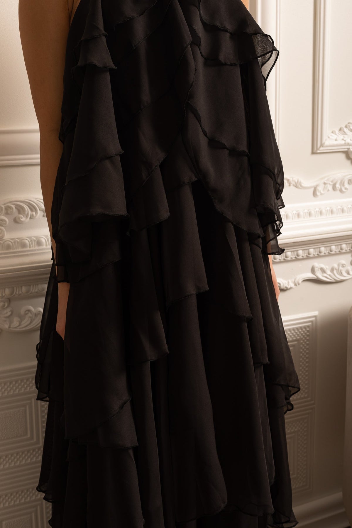 Layered Ruffle Halter Dress With Decorative Neckline Flower - Black - View 7