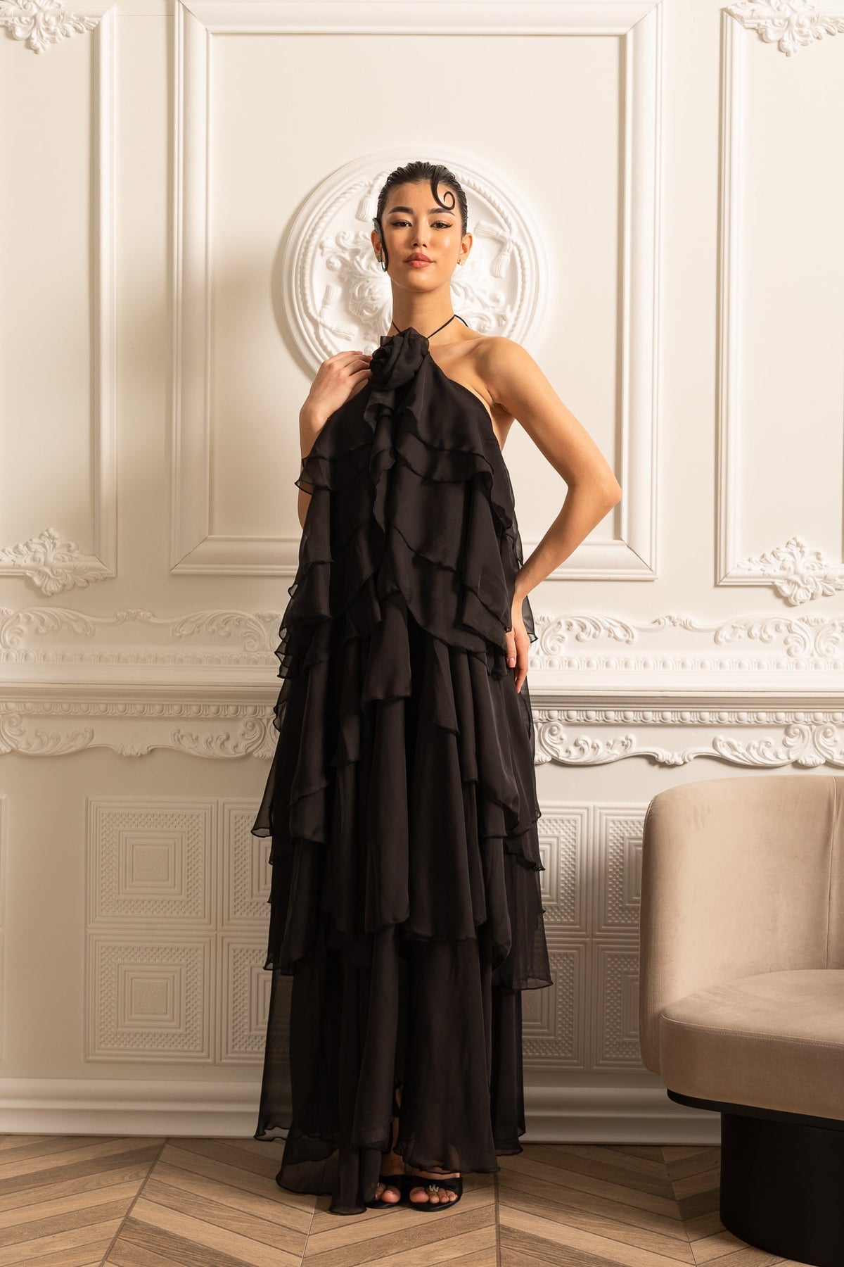 Layered Ruffle Halter Dress With Decorative Neckline Flower - Black - View 4