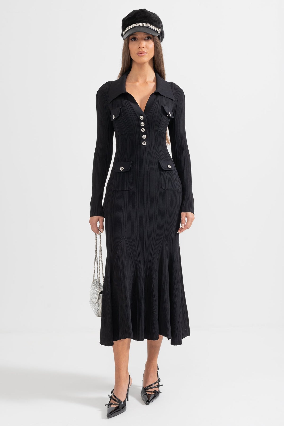 Ribbed Knit Polo Collar V-Neck Jewel Button Flap Pocket Mermaid Hem Midi Dress - View 7