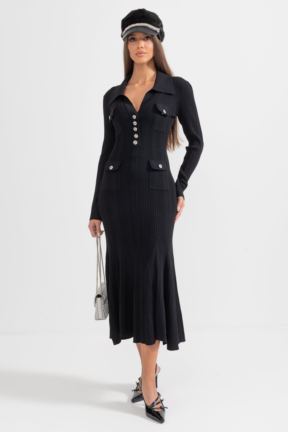 Ribbed Knit Polo Collar V-Neck Jewel Button Flap Pocket Mermaid Hem Midi Dress - View 6