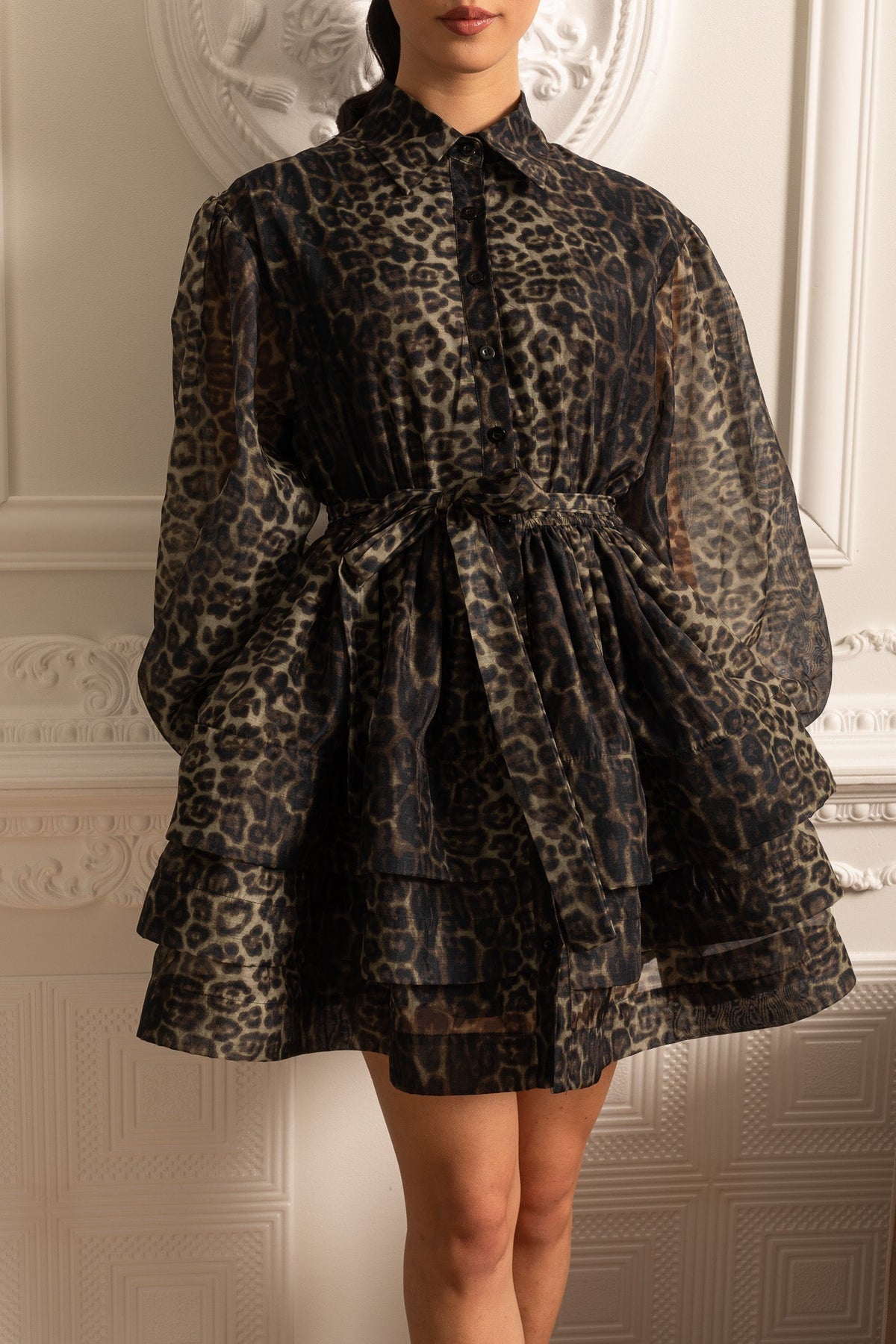 Animal Print Collar Button Front Puff Sleeve Tie Waist Mini Dress - View 6
