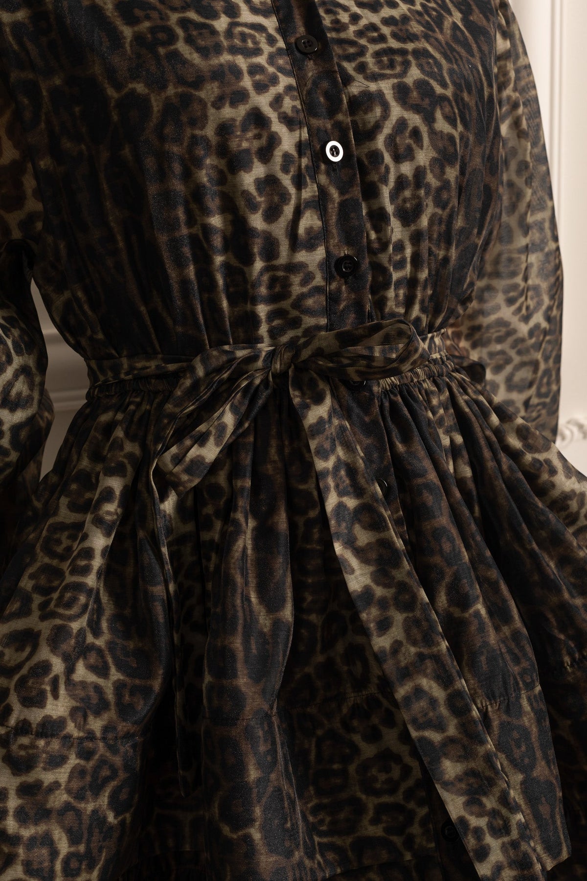 Animal Print Collar Button Front Puff Sleeve Tie Waist Mini Dress - View 7