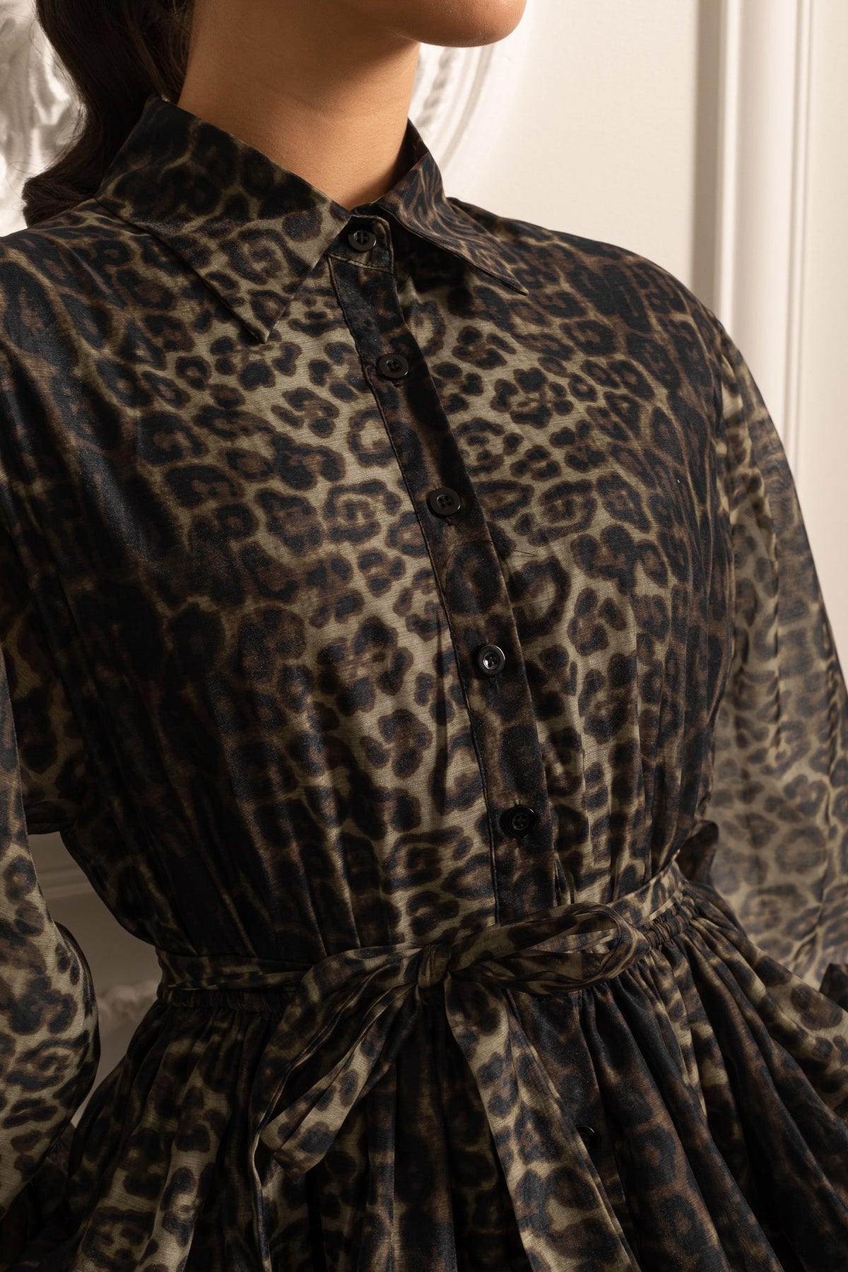 Animal Print Collar Button Front Puff Sleeve Tie Waist Mini Dress - View 8