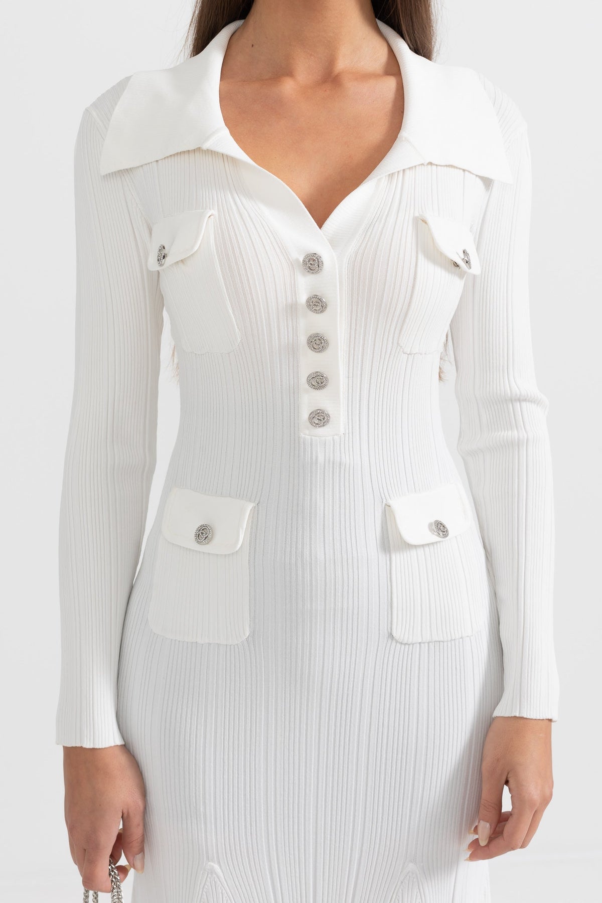 Ribbed Knit Polo Collar V-Neck Jewel Button Flap Midi Dress - View 3