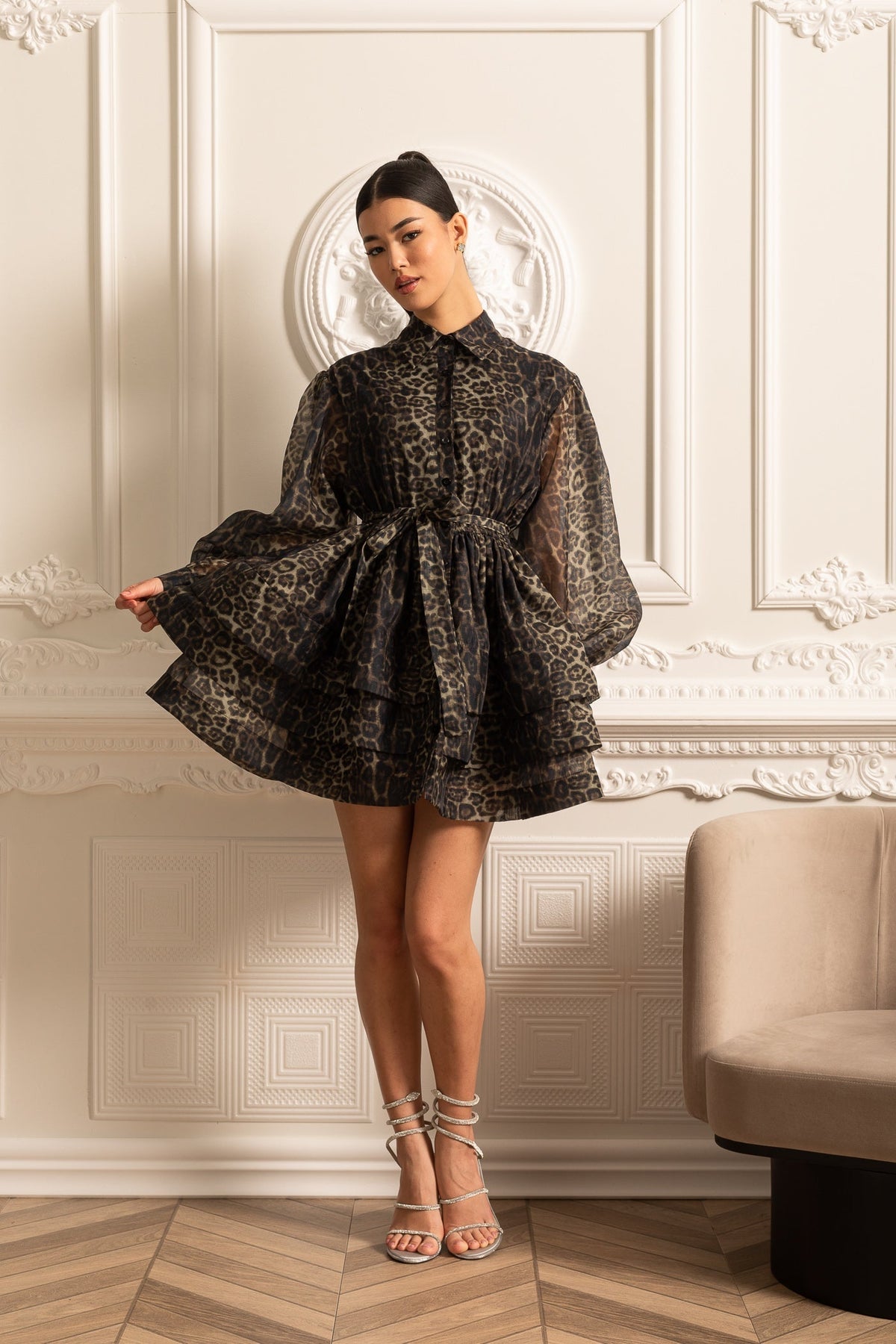 Animal Print Collar Button Front Puff Sleeve Tie Waist Mini Dress - View 5