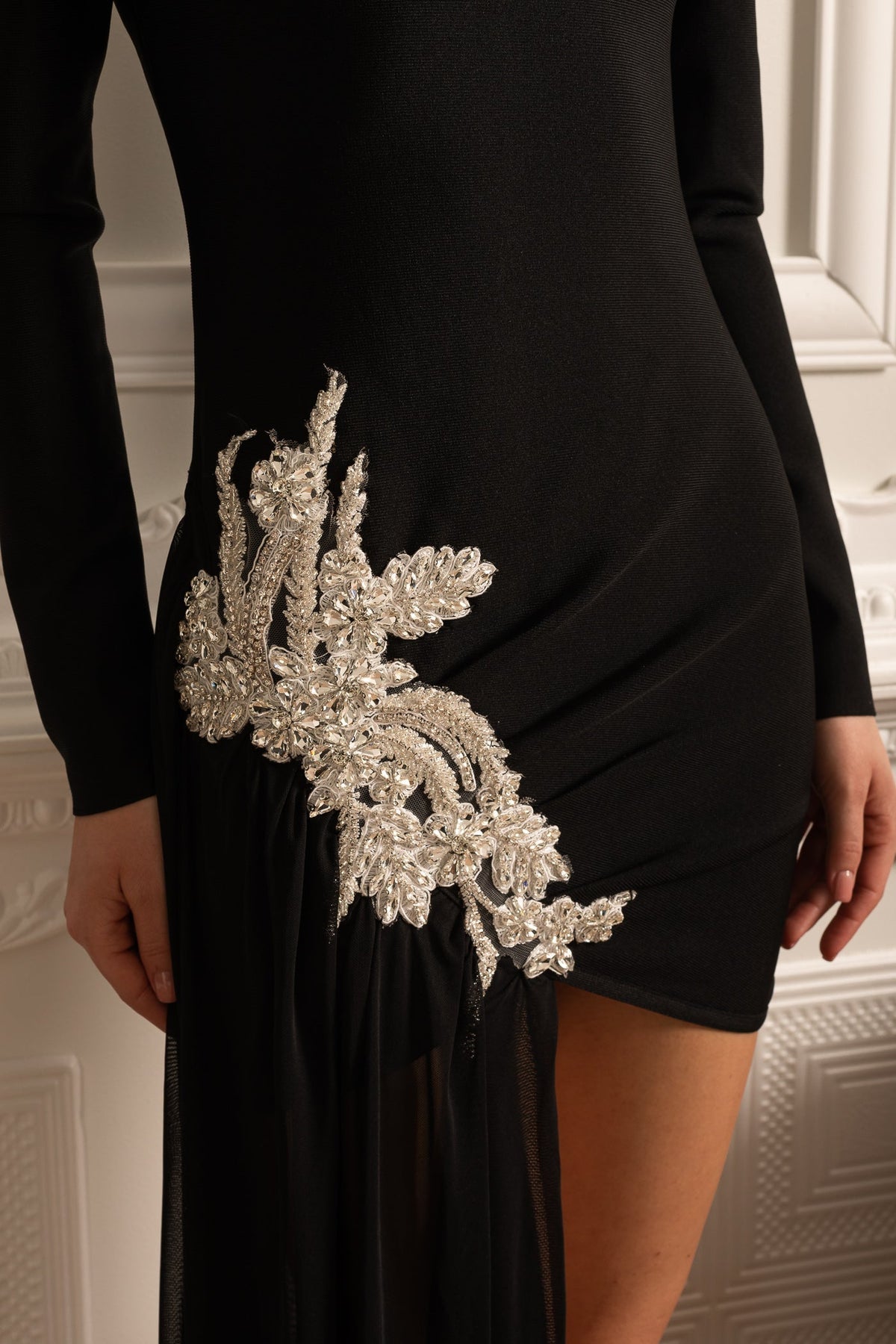 Long Sleeve Rhinestone Hip Applique Sheer Train Panel Mini Dress - View 7