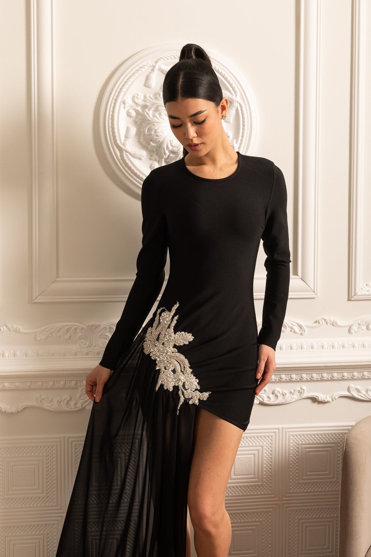 Long Sleeve Rhinestone Hip Applique Sheer Train Panel Mini Dress - View 2