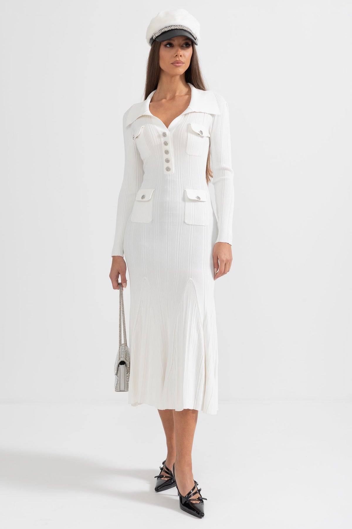 Ribbed Knit Polo Collar V-Neck Jewel Button Flap Midi Dress - View 4
