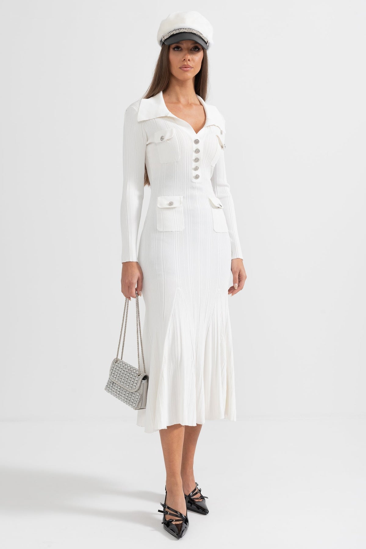 Ribbed Knit Polo Collar V-Neck Jewel Button Flap Midi Dress - View 5