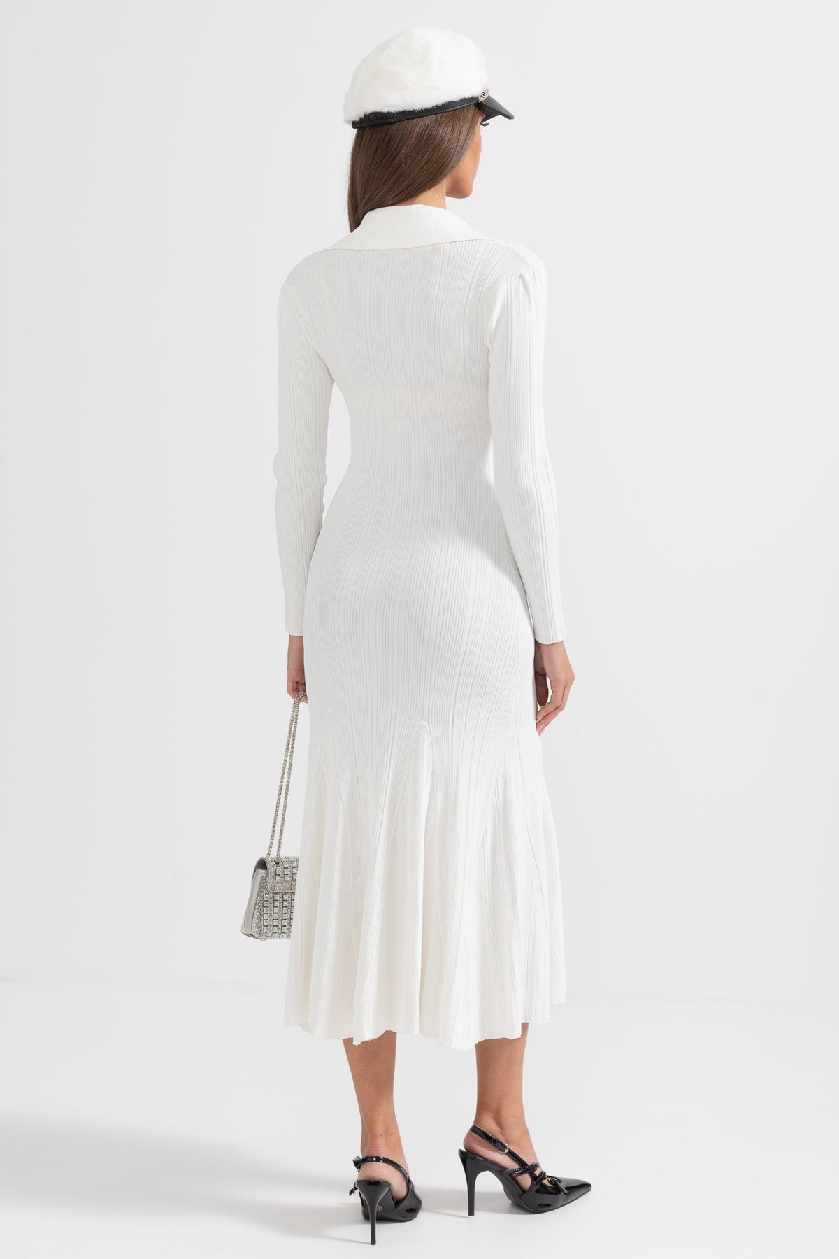 Ribbed Knit Polo Collar V-Neck Jewel Button Flap Midi Dress - View 2