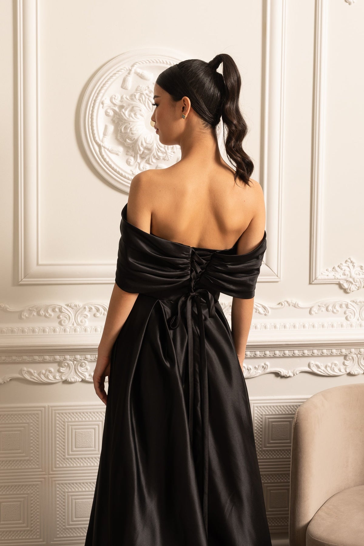 Satin Off Shoulder Sweetheart Twist Bodice Pleated Ball Gown - View 7