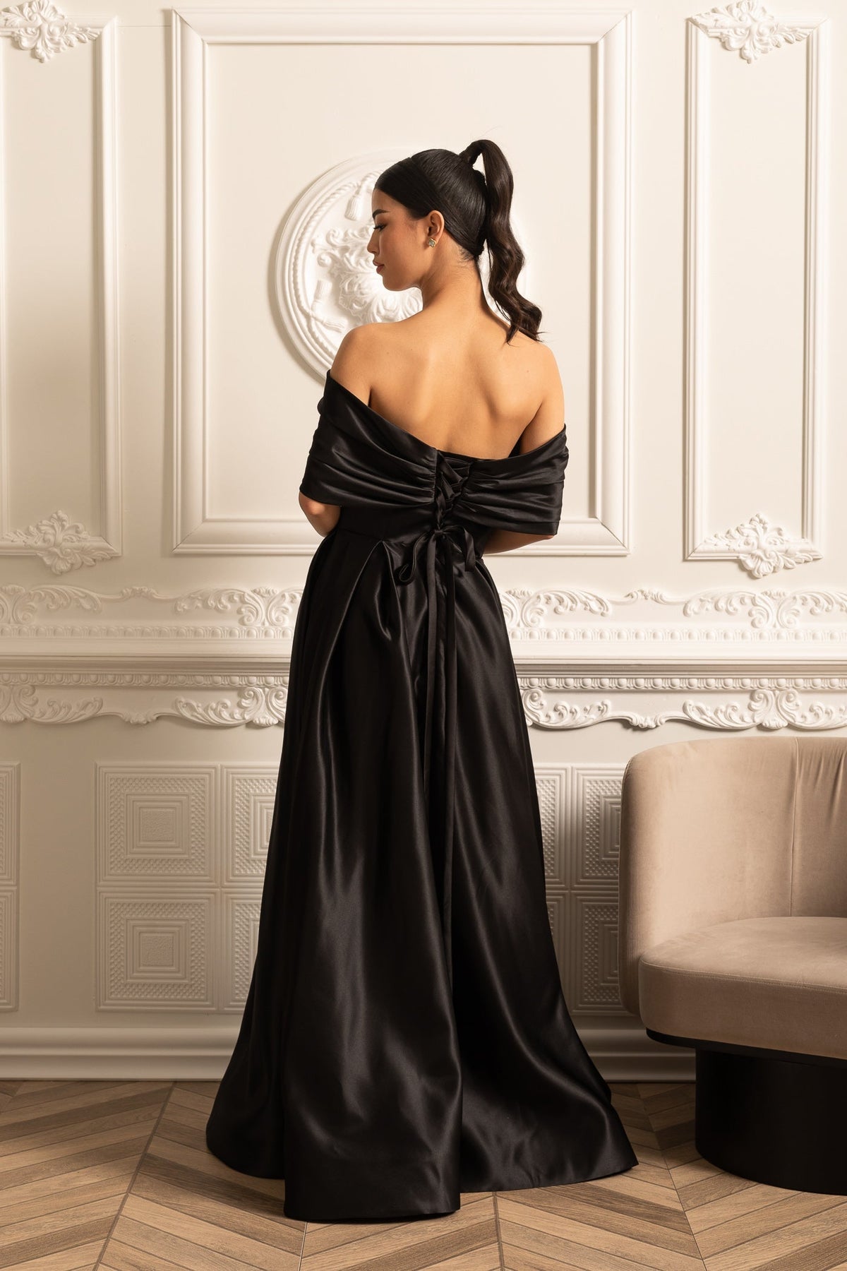 Satin Off Shoulder Sweetheart Twist Bodice Pleated Ball Gown - View 9