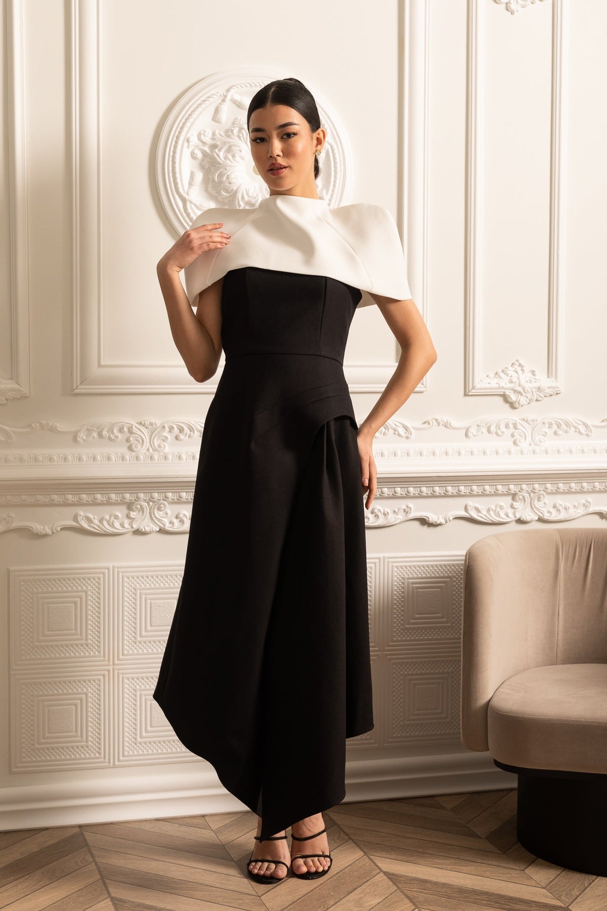 Structured Capelet Overlay Asymmetrical Wrap Drape Midi Dress - View 3