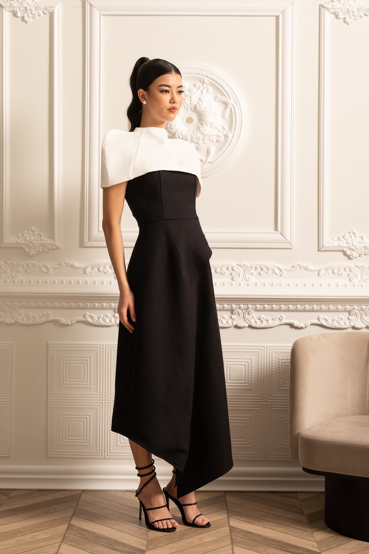 Structured Capelet Overlay Asymmetrical Wrap Drape Midi Dress - View 17