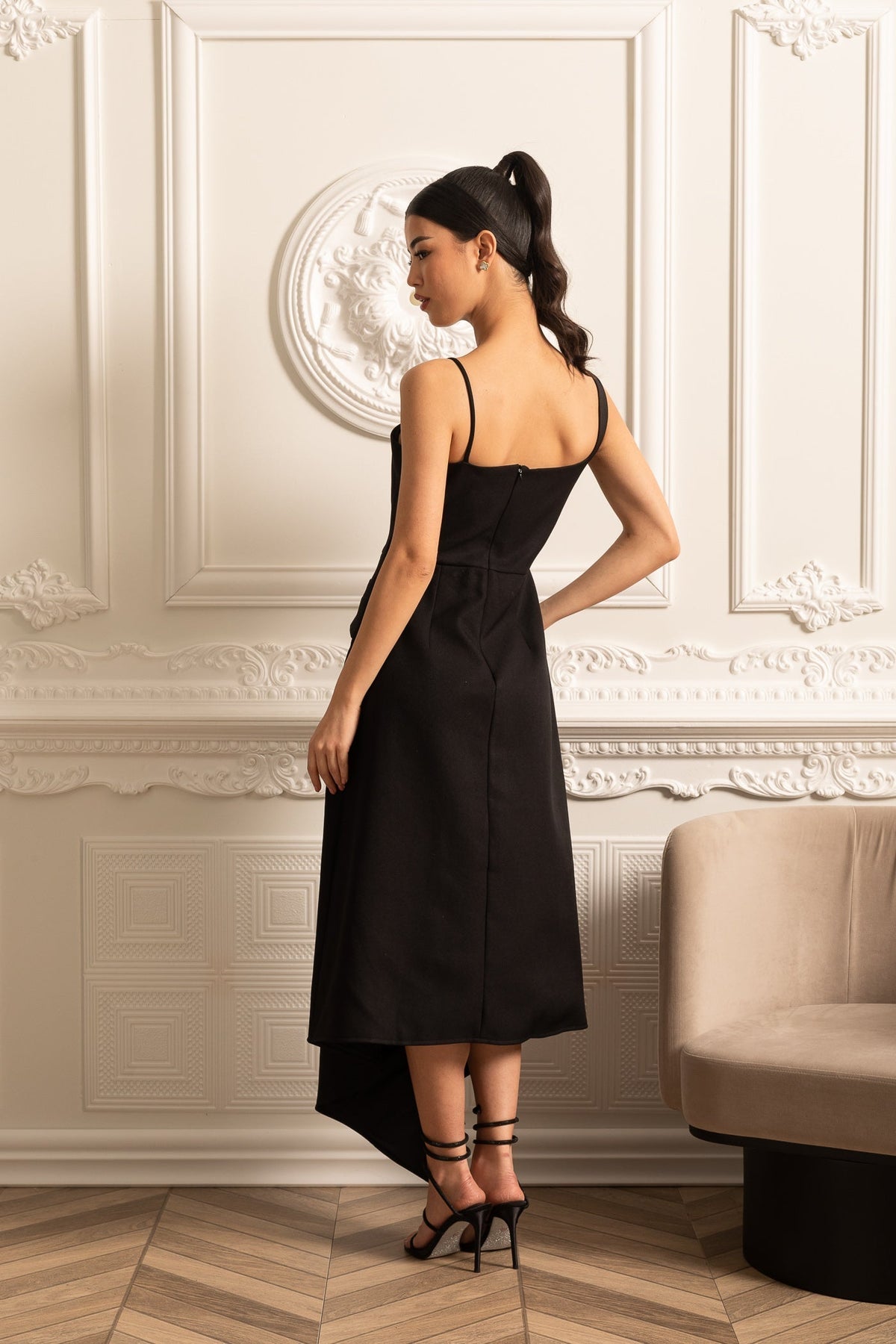 Structured Capelet Overlay Asymmetrical Wrap Drape Midi Dress - View 7