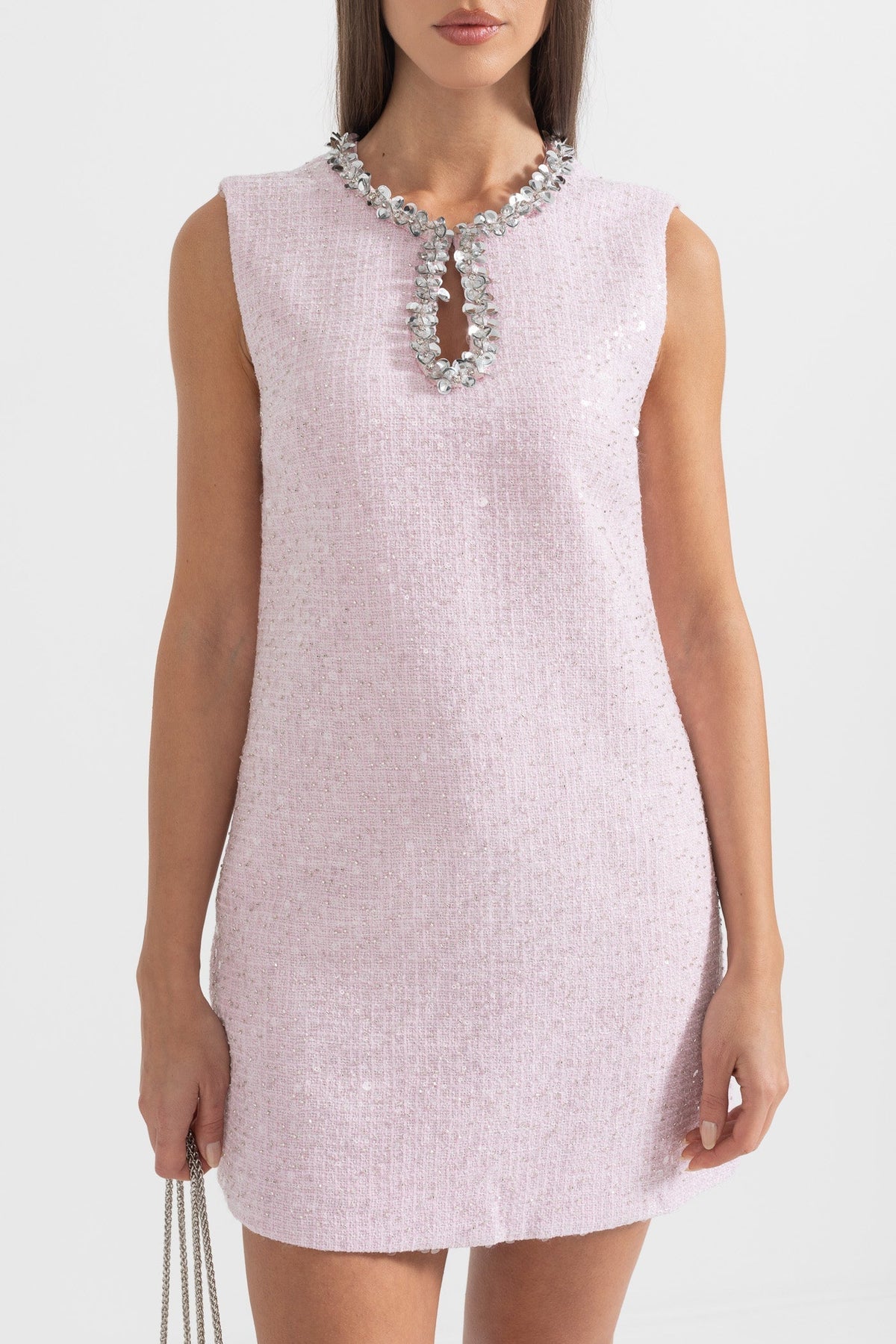 Rhinestone Keyhole Neck Sequin Tweed Sleeveless Shift Mini Dress - View 2