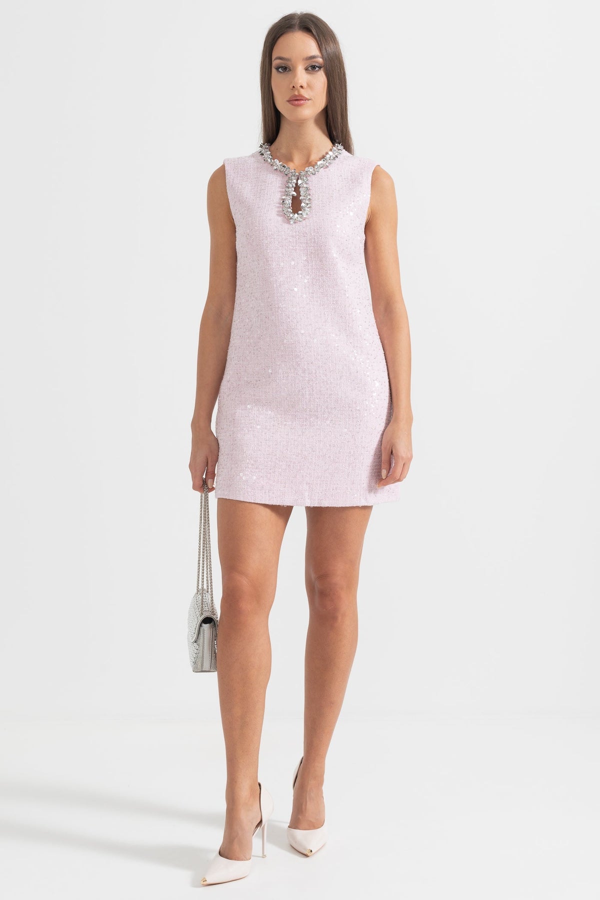 Sequin Tweed Teardrop Keyhole Floral Sequin Trim Shift Mini Dress - View 5