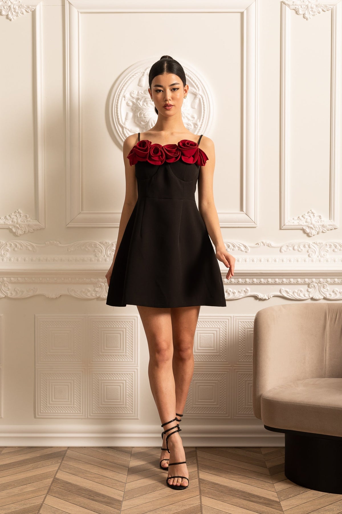 Spaghetti Strap 3D Rose Applique Corset Fit and Flare Mini Dress - View 10