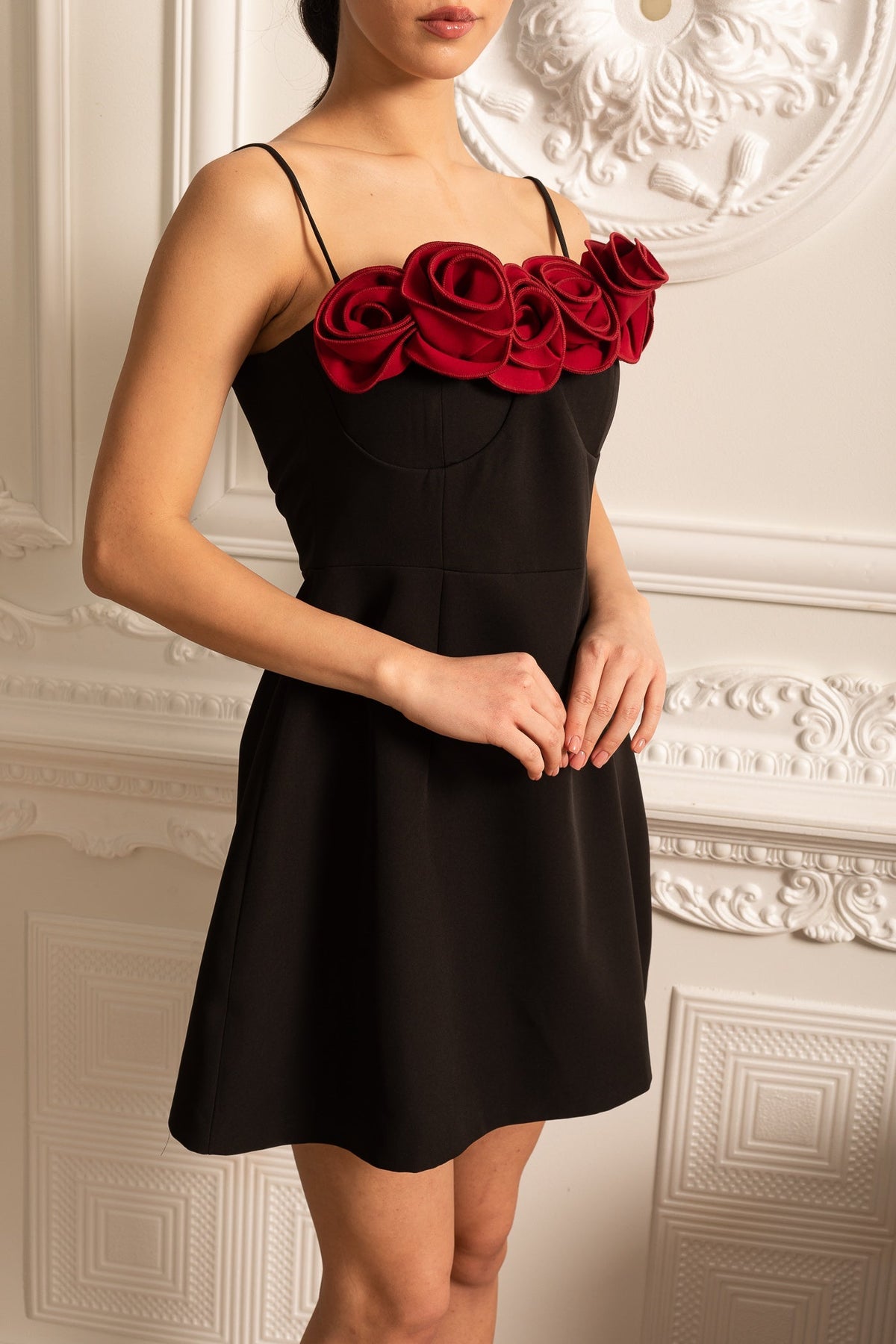 Spaghetti Strap 3D Rose Applique Corset Fit and Flare Mini Dress - View 13