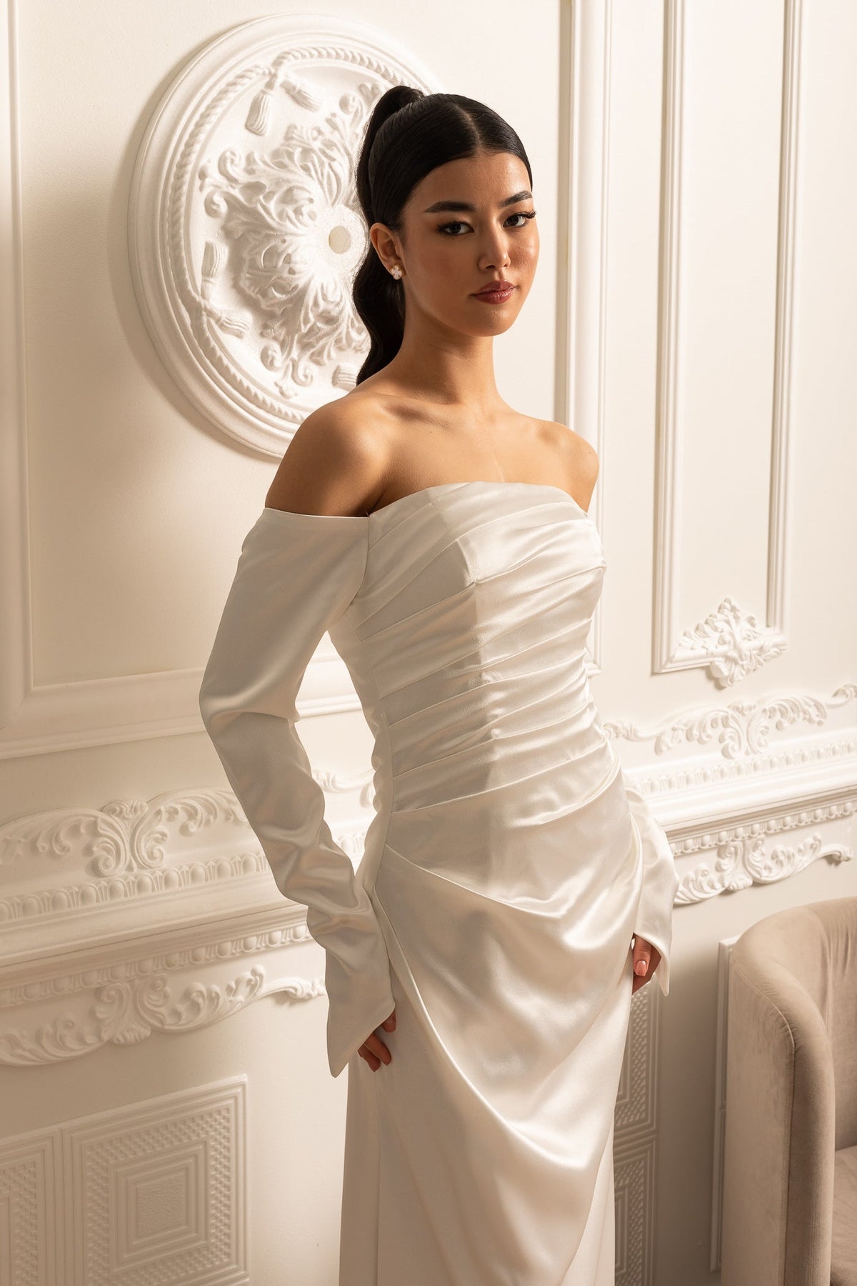 Off-Shoulder Satin Dress With Ruched Design And Draping Skirt - White - View 2
