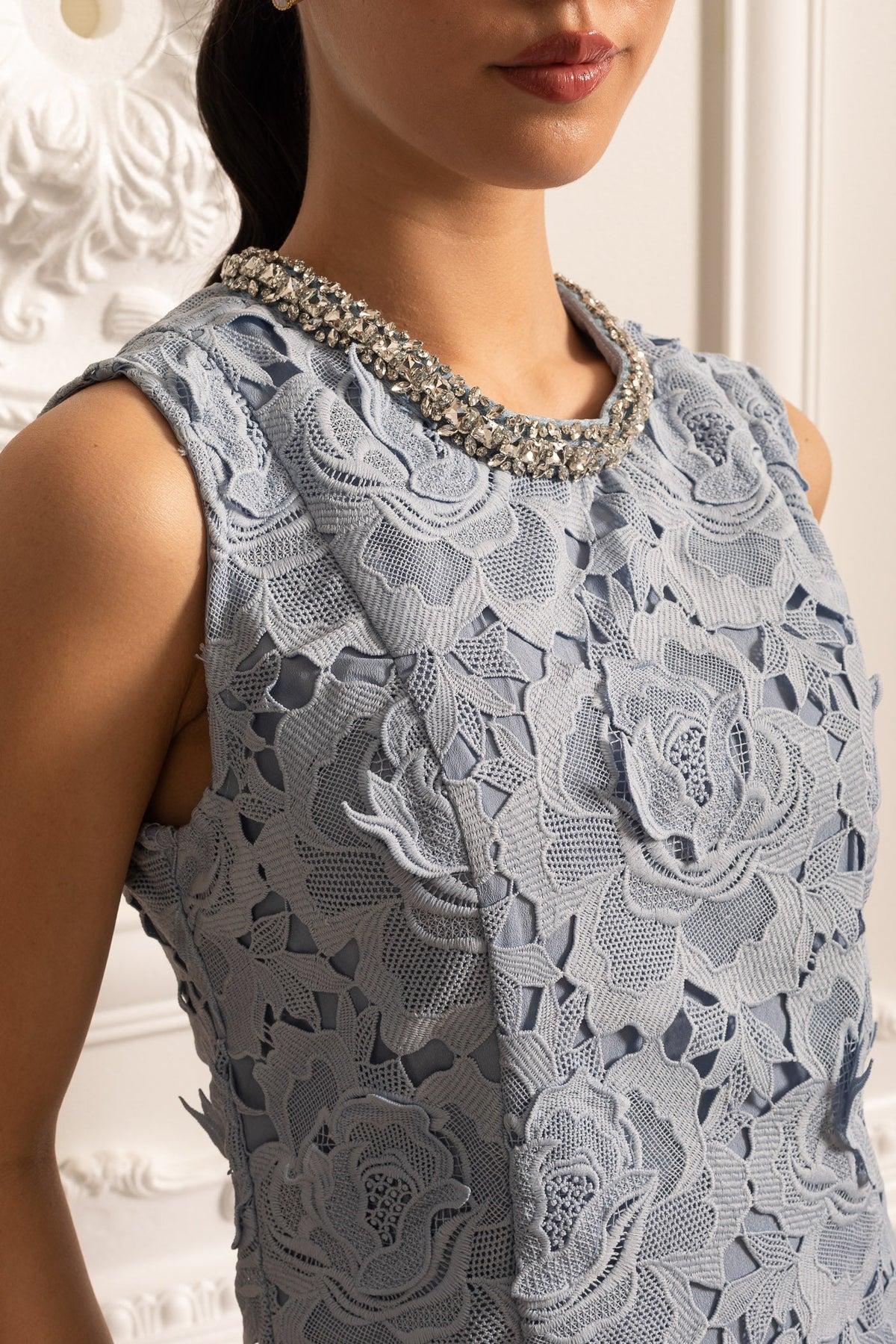 Floral Pattern Lace Mini Dress With Sparkling Neckline - Blue - View 2