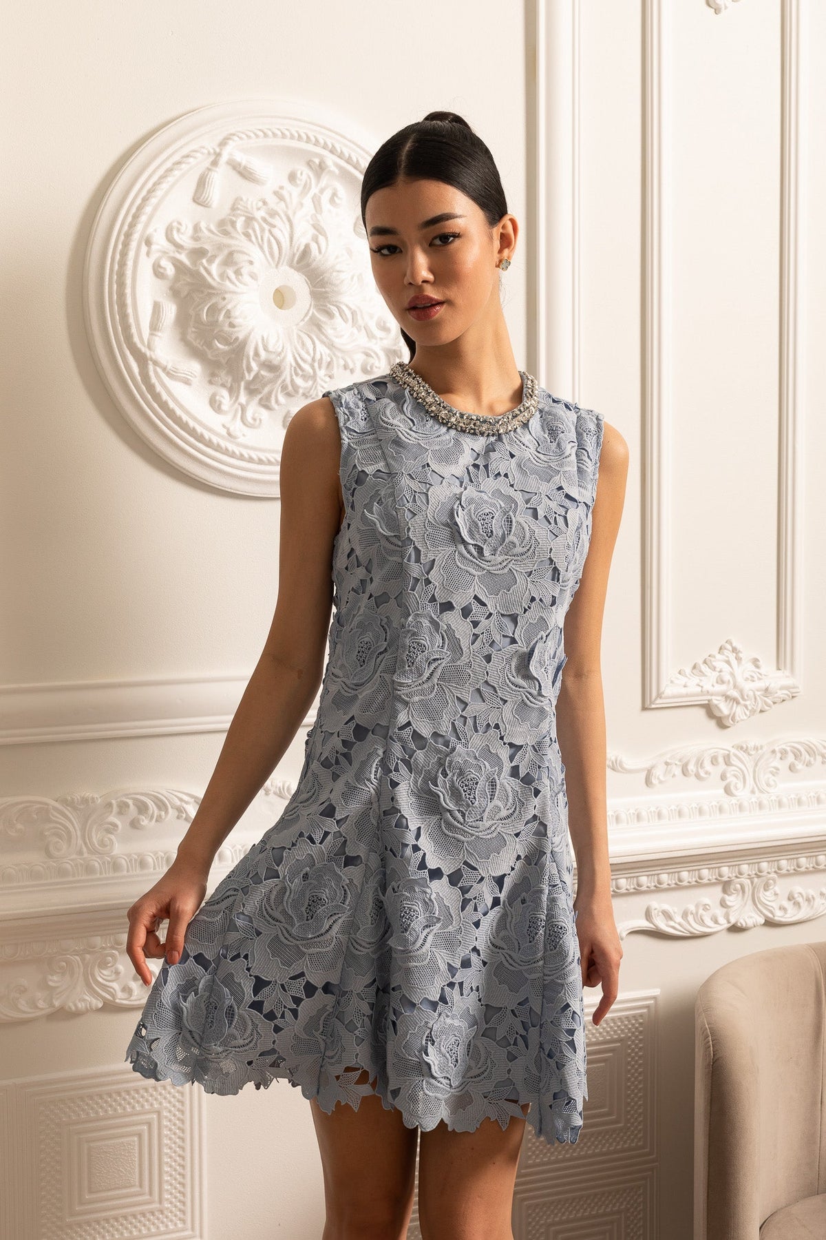 Floral Pattern Lace Mini Dress With Sparkling Neckline - Blue - View 9