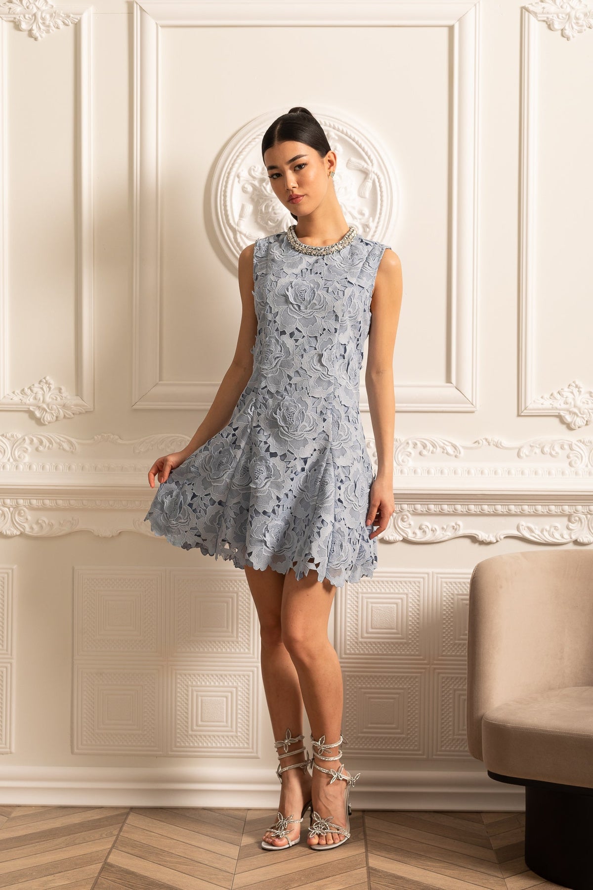 Floral Pattern Lace Mini Dress With Sparkling Neckline - Blue - View 11