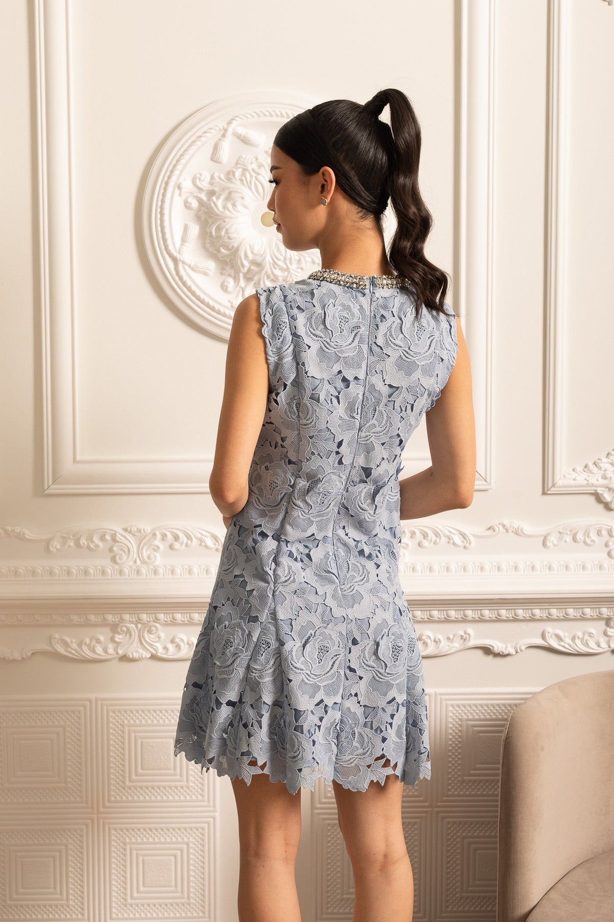Floral Pattern Lace Mini Dress With Sparkling Neckline - Blue - View 5
