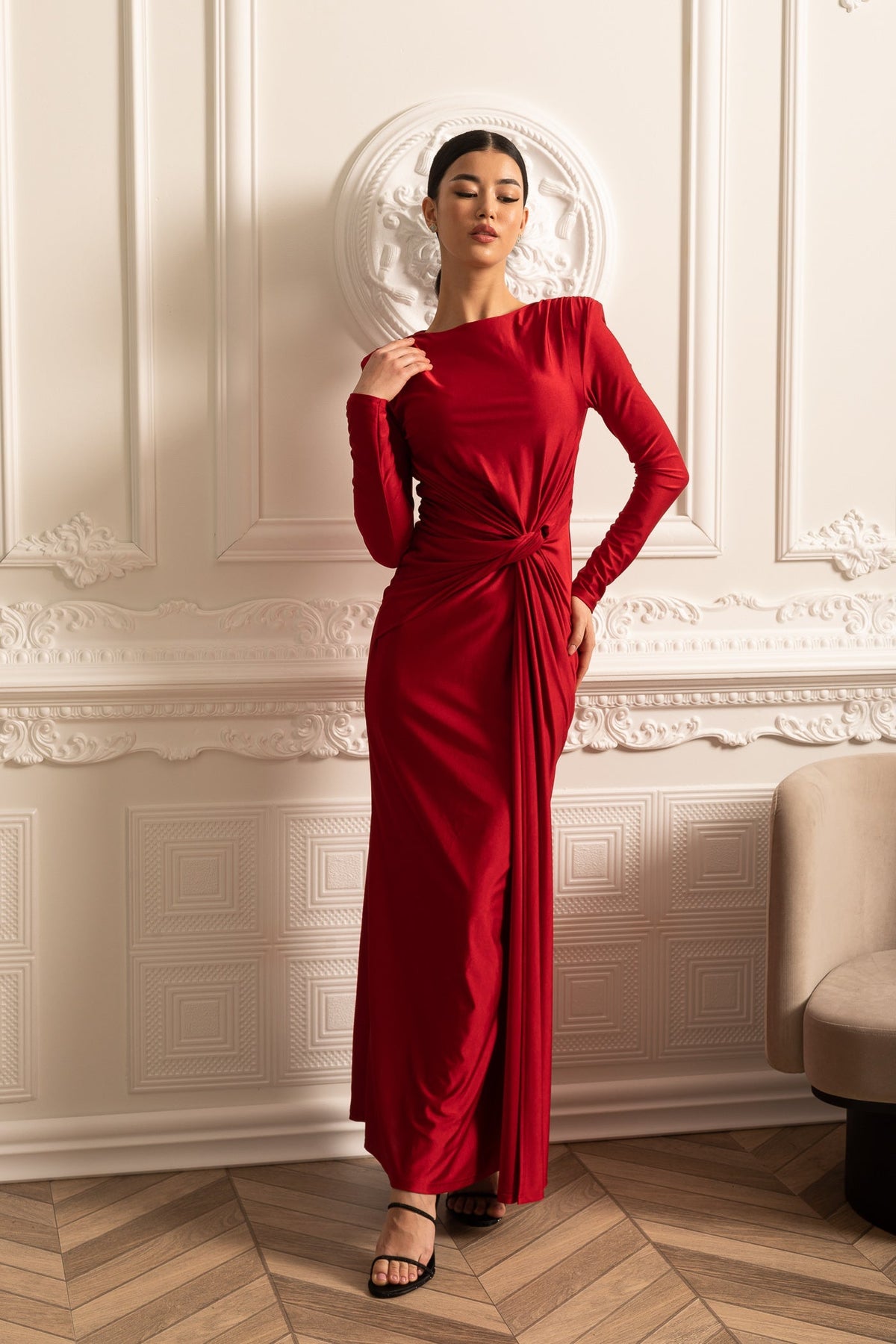 Satin Long Sleeve Twisted Waist Draped Maxi Dress - View 9