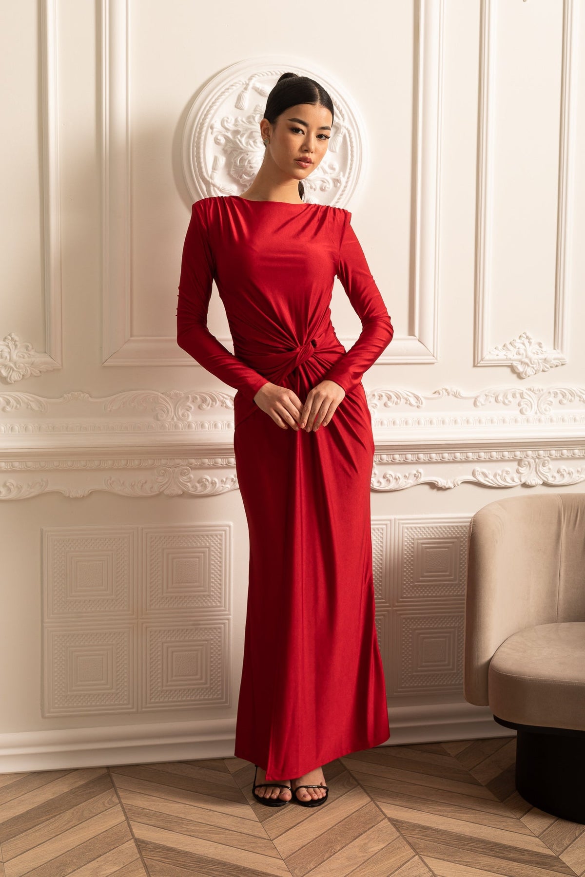 Satin Long Sleeve Twisted Waist Draped Maxi Dress - View 10